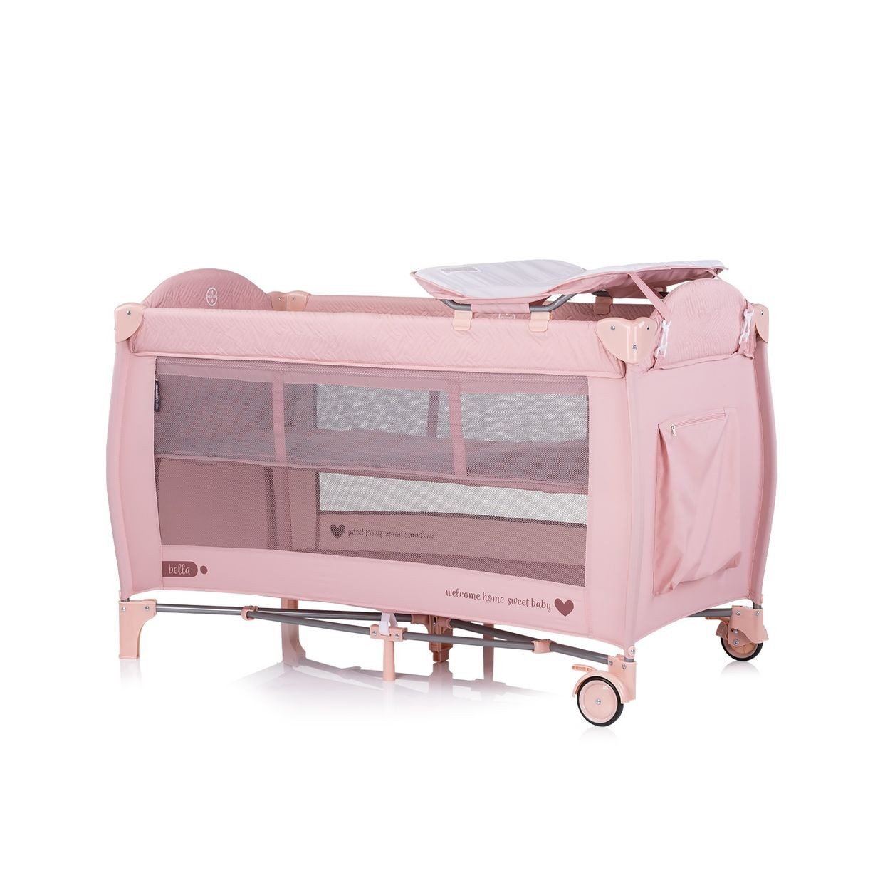 Chipolino Baby-Reisebett Reisebett Bella 2 Ebenen, 2 Ebenen seitlicher Eingang Musikmobile Wickelauflage