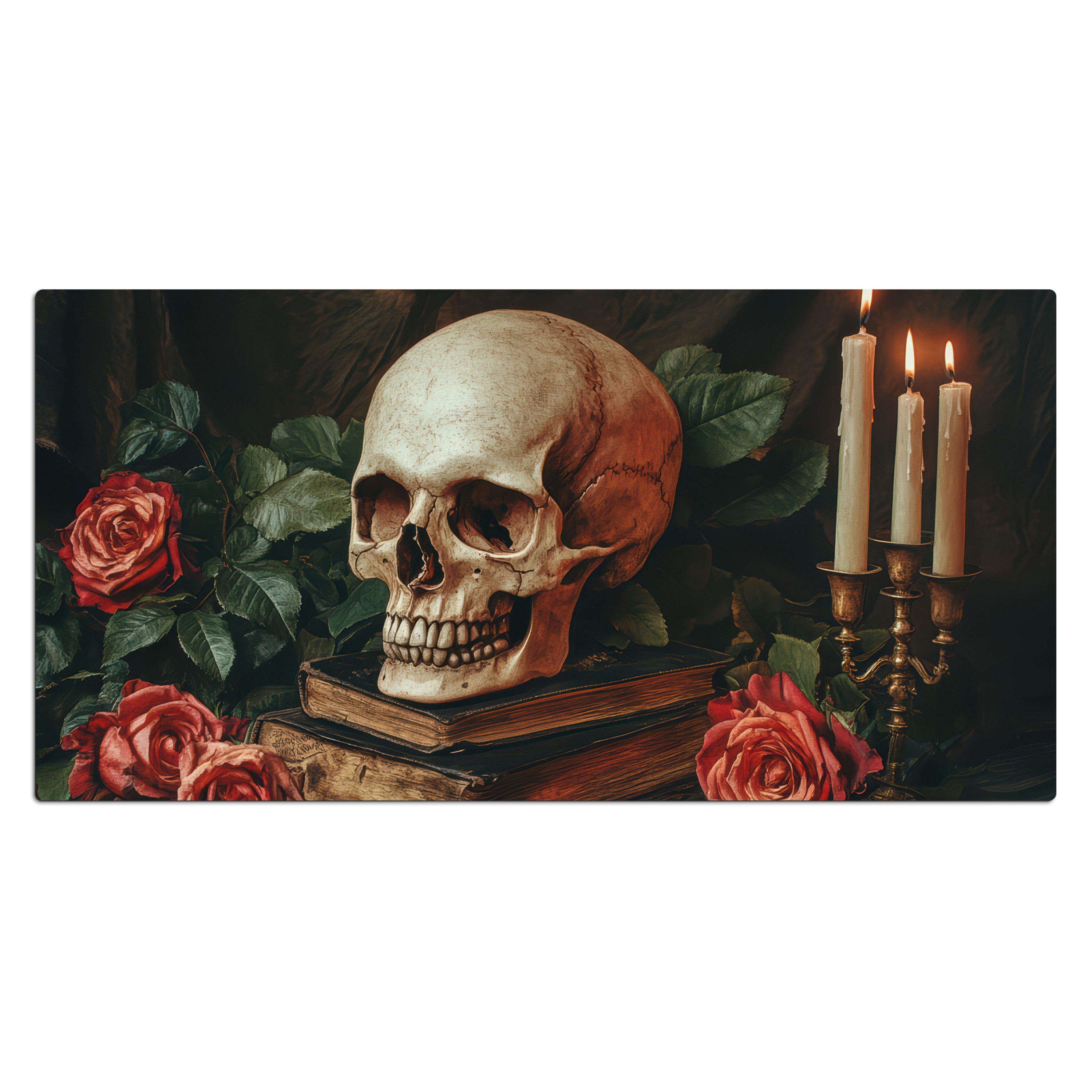MuchoWow Gaming Mauspad Skelett - Kerzen - Rosen - Schädel - Bücher - Kerzenständer (1-St), Gaming Mauspad XXL, Schreibtischunterlage, Desk Mat Groß, 80x40 cm