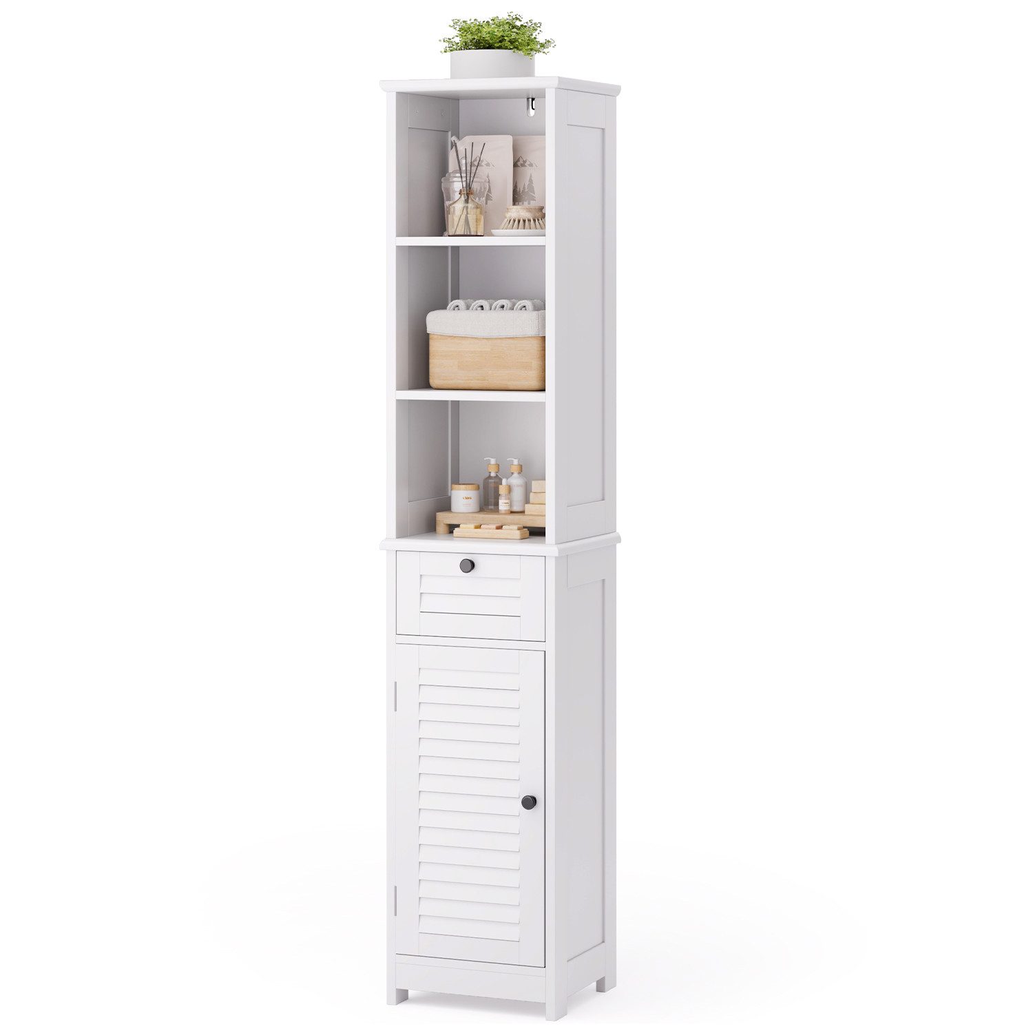 Blishom Badkommode Badschrank mit Lamellentür MDF Weiß 34x30x163 cm (2 verstellbaren Einlegeböden)