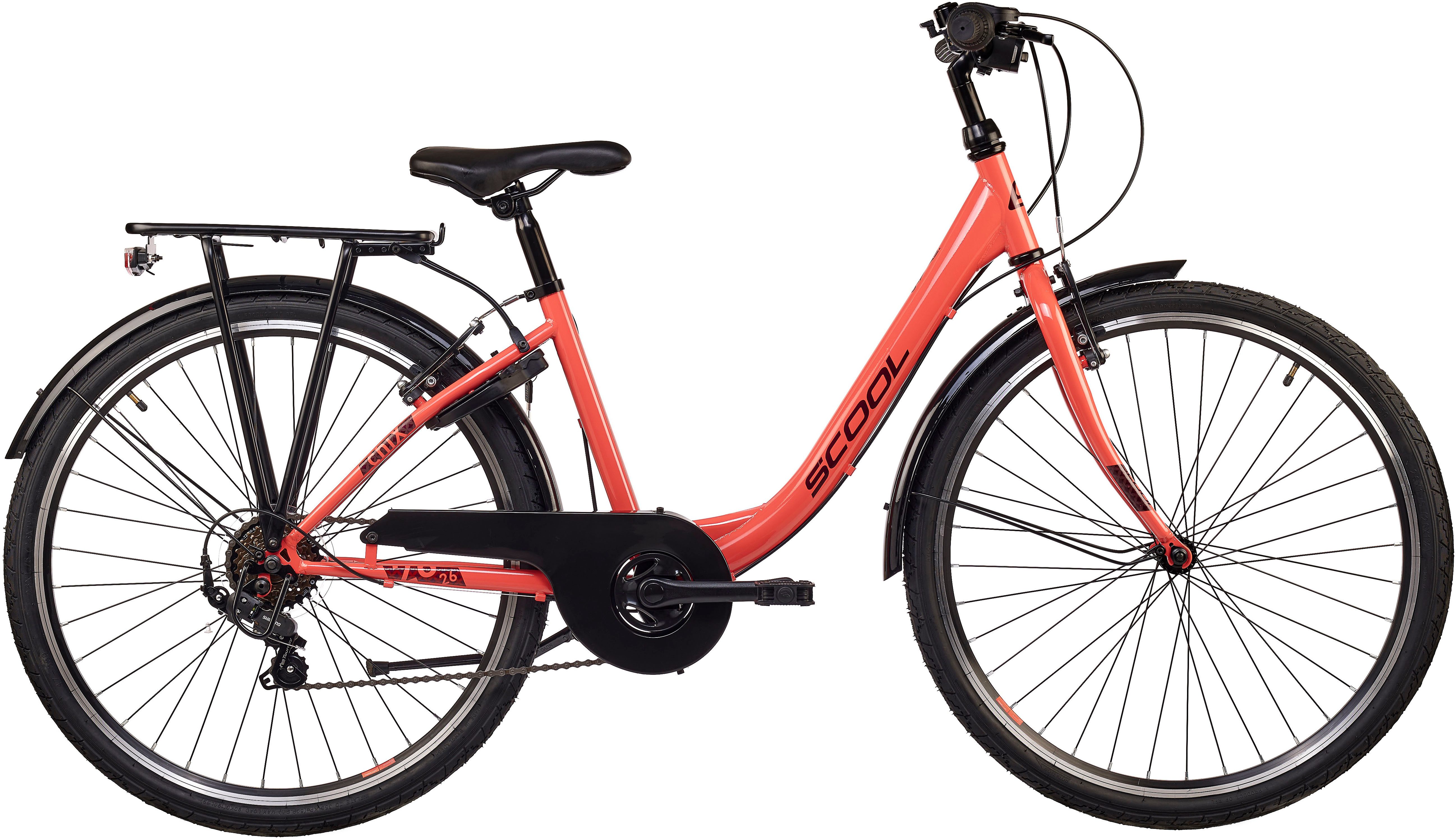 S’COOL Jugendfahrrad S'COOL chiX, 6 Gang Shimano, Kettenschaltung, 26 Zoll, Jugendliche, mit Gepäckträger und Schutzblech