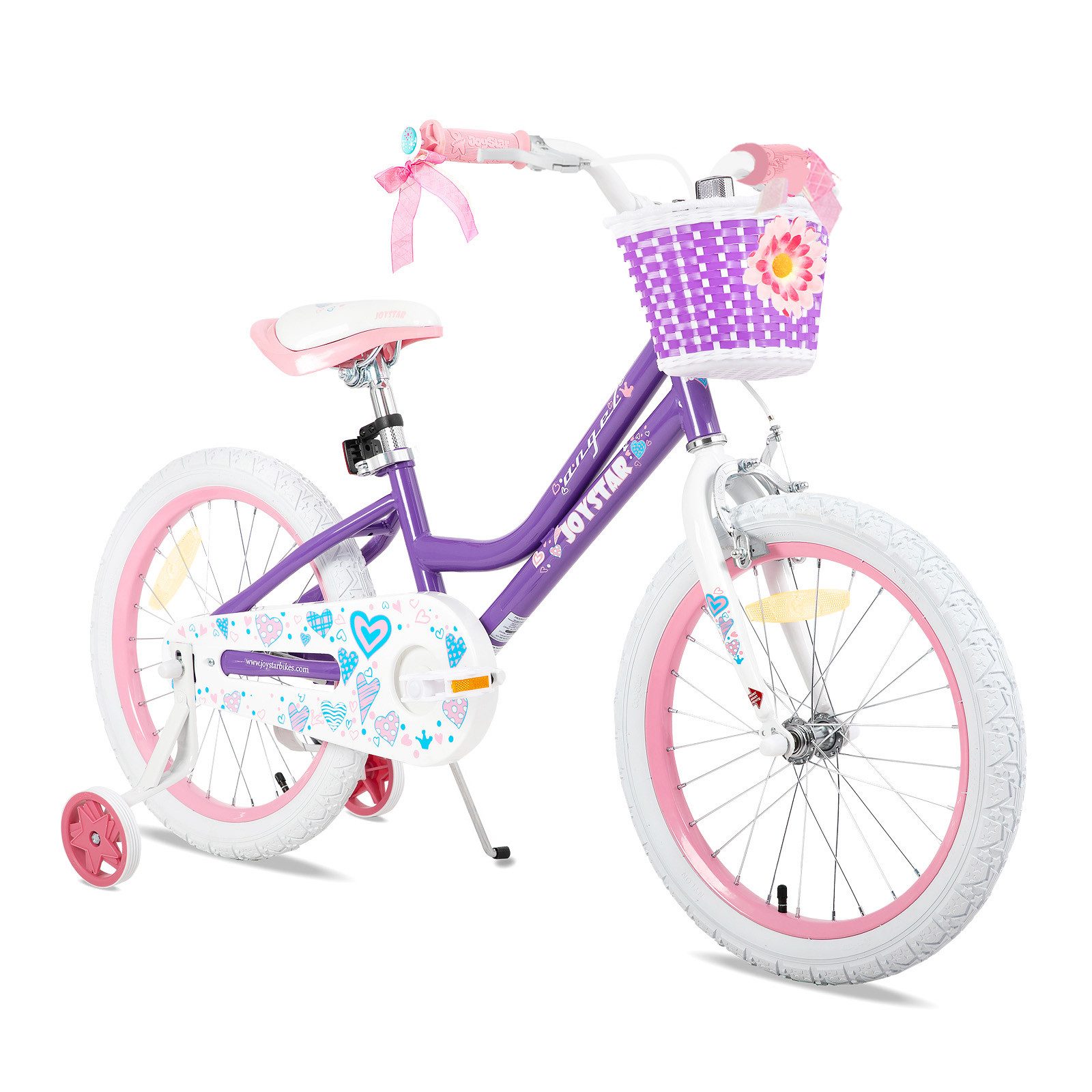 JOYSTAR Kinderfahrrad 12 14 16 18 20Zoll Mädchenfahrrad, 3 - 9 Jahre,Geschenk für Prinzessin, 1 Gang, Mit Hilfsrädern, farbigen Bändern, Korb, Reflektor, Kettenabdeckung