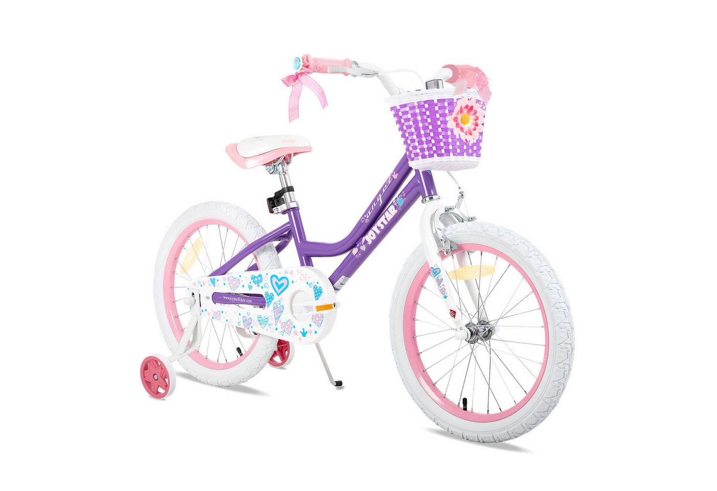 JOYSTAR Kinderfahrrad 12 14 16 18 Zoll Mädchenfahrrad, 2 - 9 Jahre,Geschenk für Prinzessin, 1 Gang, Mit Hilfsrädern, farbigen Bändern, Korb, Reflektor, Kettenabdeckung