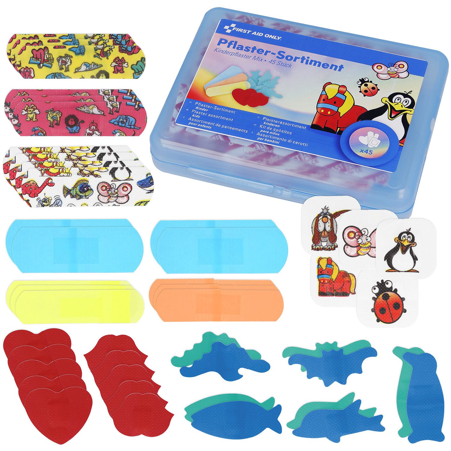 FIRST AID ONLY® Wundpflaster Kinderpflaster Set 45 Stück, Buntes Pflaster Set für Kinder (Vorratspack, 45 St), Sanft zur Haut