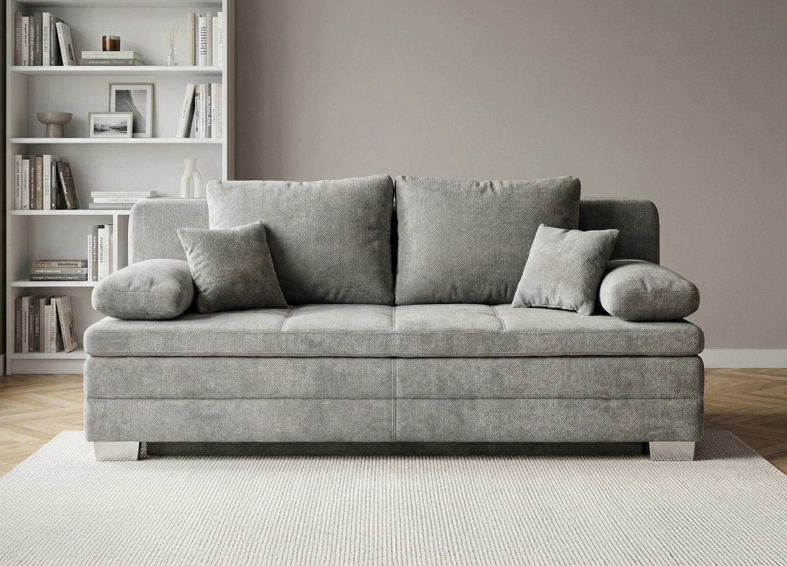 Die Möbelfundgrube® Schlafsofa LINDAU hellgrau 203 cm DAUERSCHLÄFER mit Bettfunktion / Bettkasten, Kaltschaumtopper / 2 Armlehnkissen / 2 Zierkissen / 2 Rückenkissen