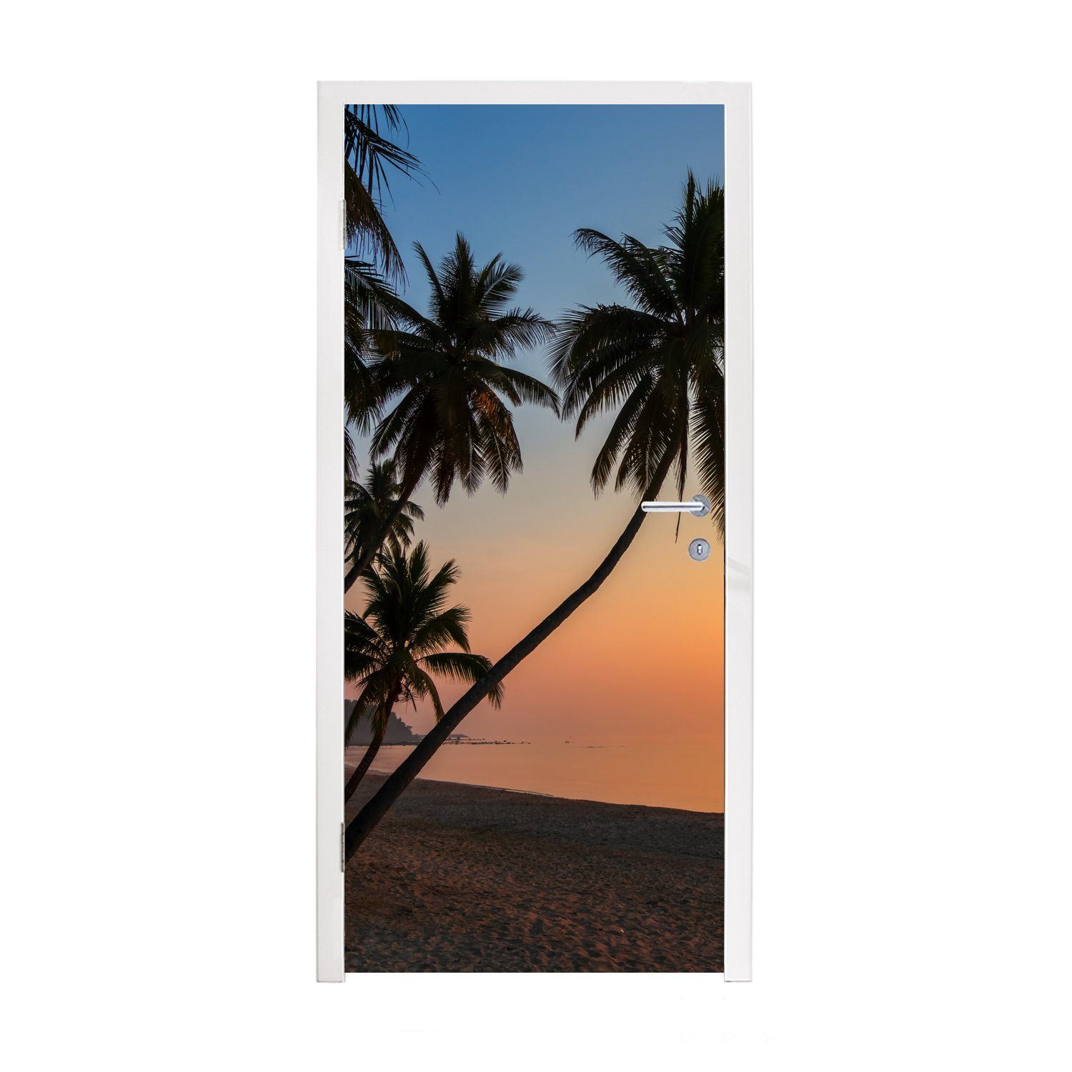 MuchoWow Türtapete Sonnenuntergang auf einer Matt, cm für 75x205 Fototapete mit Türaufkleber, Palmen, Tür, bedruckt, (1 Insel tropischen St)