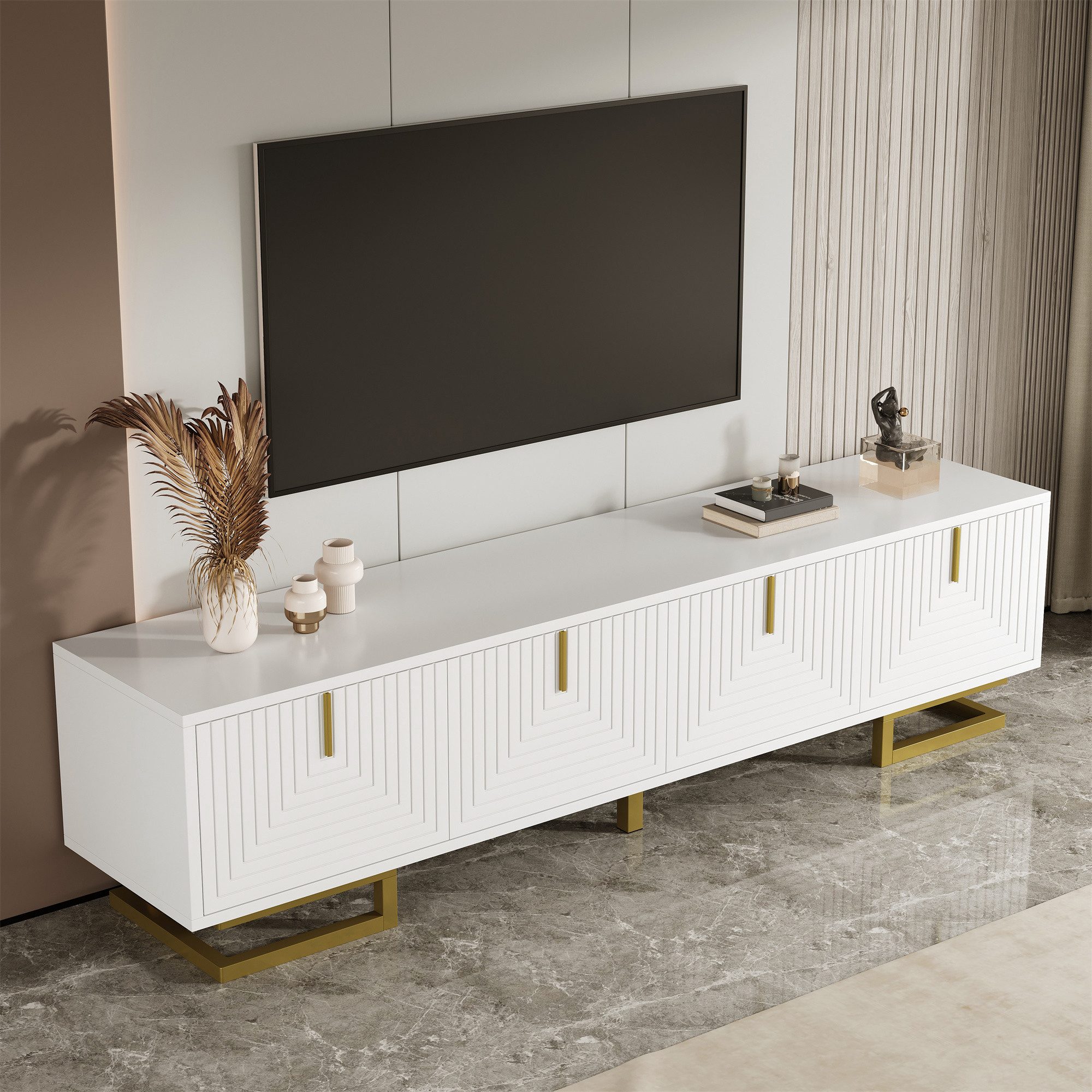 REDOM Lowboard mit Goldene Beine und vertikale Griffe (TV-Möbel, Fernsehschrank, 1 St., langlebig und stabil,verstellbare Füße), mit Licht- und Schatteneffekt, gedämpfte Scharniere