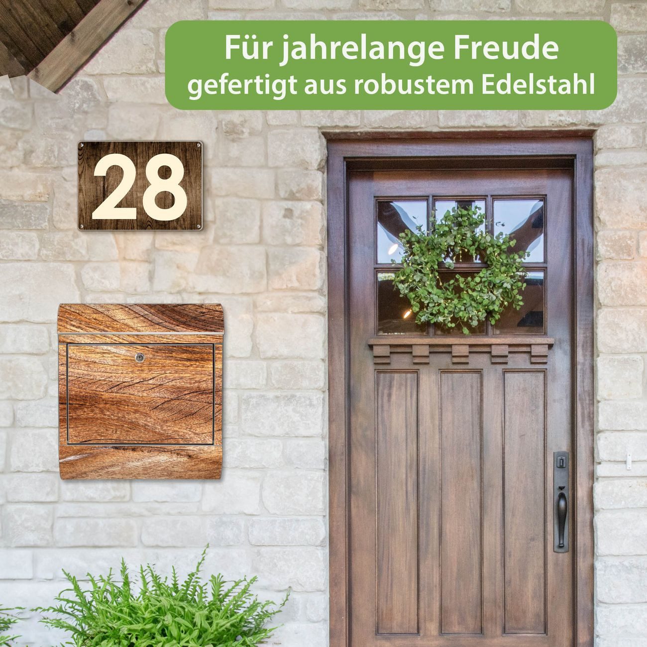 banjado Wandbriefkasten Edelstahl mit Motiv Holz Struktur Fließend (Wandbriefkasten groß, mit Zeitungsfach), 38 x 42,5 x12 cm