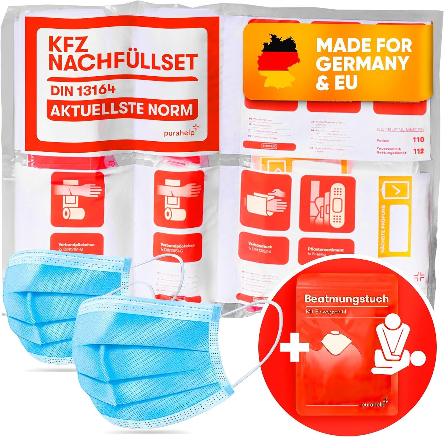 Purahelp KFZ-Verbandtasche Nachfüllset DIN 13164 nach aktueller Norm 2025 (StVO konform), (44 St), Inkl. Beatmungstuch - Erste Hilfe Set Auto Verbandskasten Auto 2025
