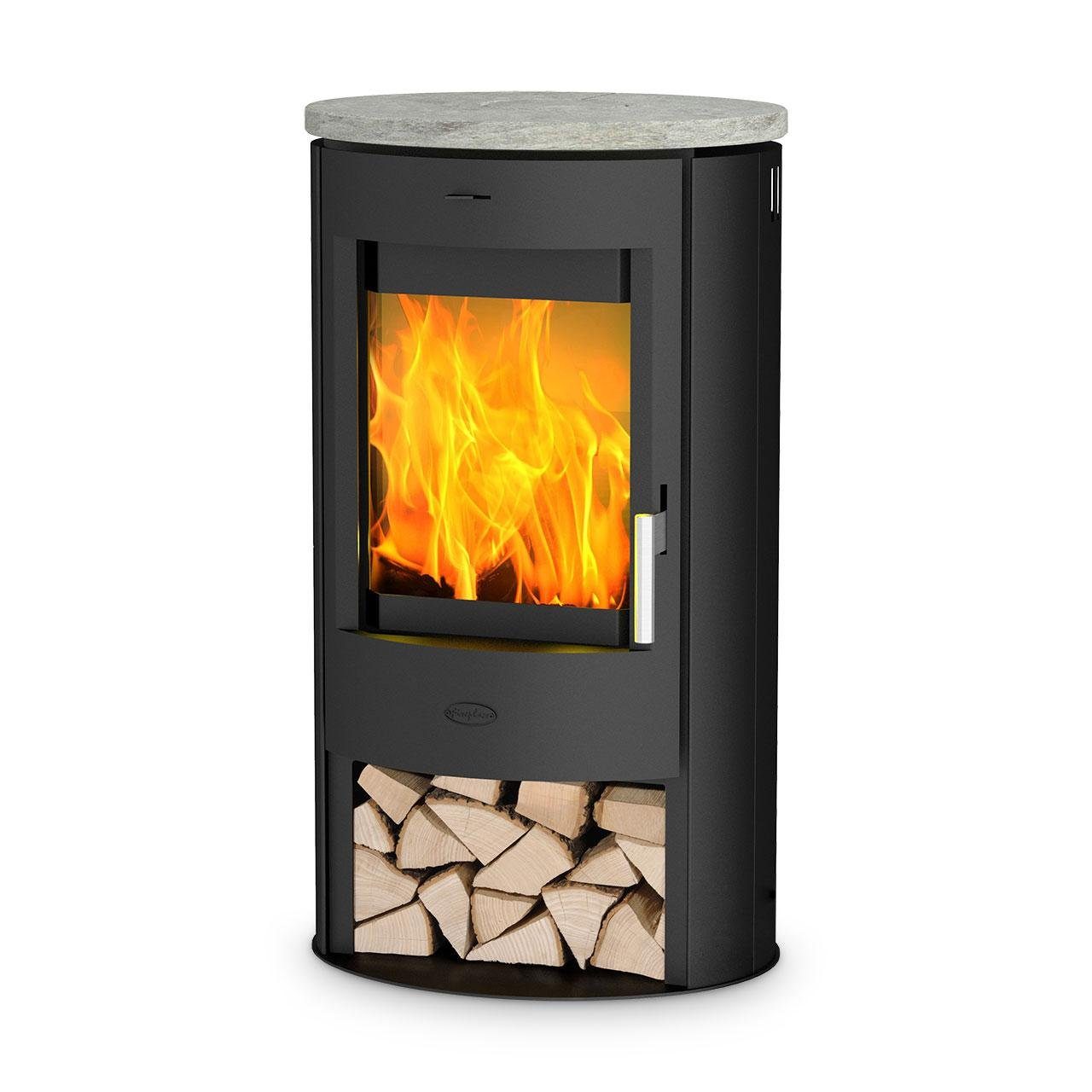 Topplatte kW, Zeitbrand, offenem Stahl schwarz, Speckstein K6780, 6,00 Fireplace mit Kaminofen Zaria Holzfach