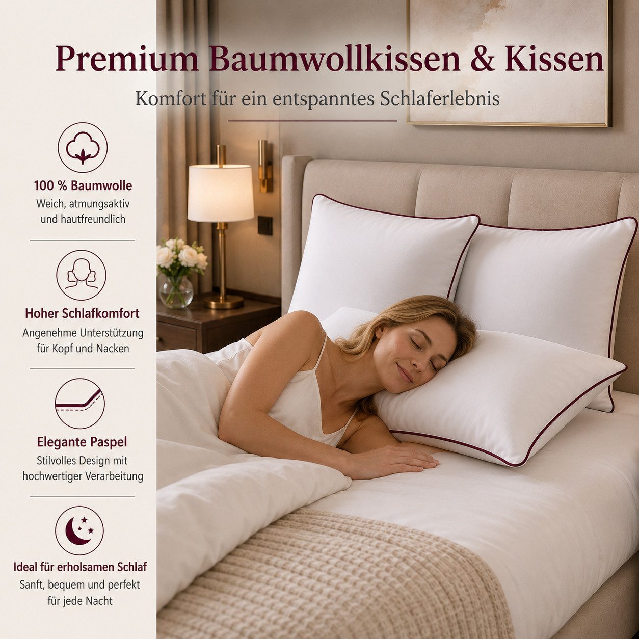 NEXGEN Luxus Baumwollkissen Baumwollkissen mit Biese, Hotelqualität, hergestellt in Deutschland, Füllung: Premium-Füllwatte, Bezug: Baumwolle, Seitenschläfer, Bauchschläfer, Rückenschläfer, Hergestellt in Deutschland, Deluxe Komfort