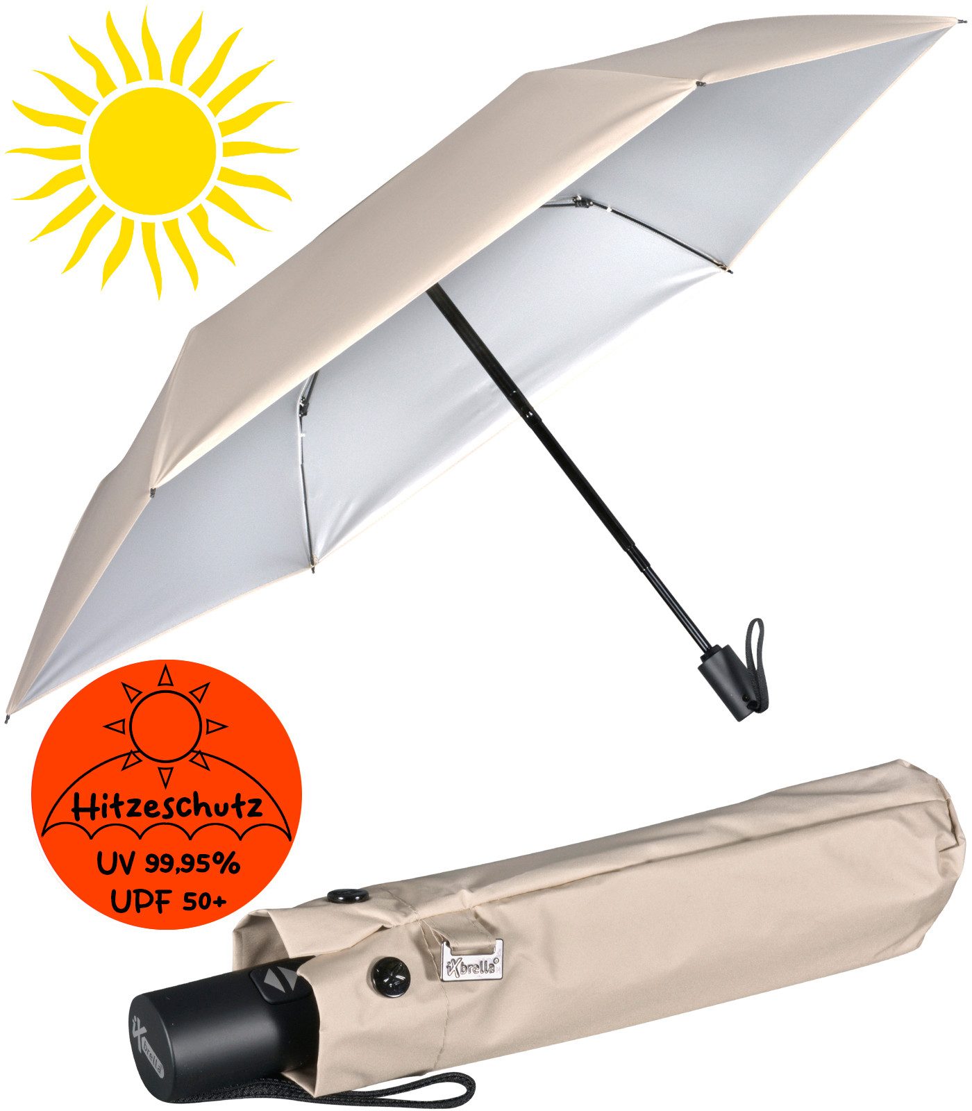 iX-brella Taschenregenschirm Sonnen-Regenschirm mit UPF 50+, UV-Hitze-Schutz, für Damen, mit Auf-Zu-Automatik, innen silber