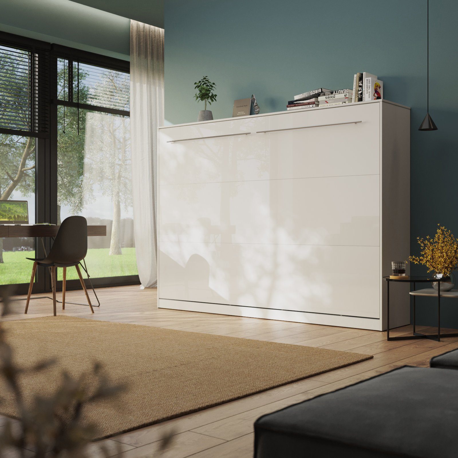SMARTBett Schrankbett Standard 90x200 cm, 120x200 cm, 140x200 cm Weiß/ Weiß Hochglanzfront horizontal/ quer, Gasdruckfedern