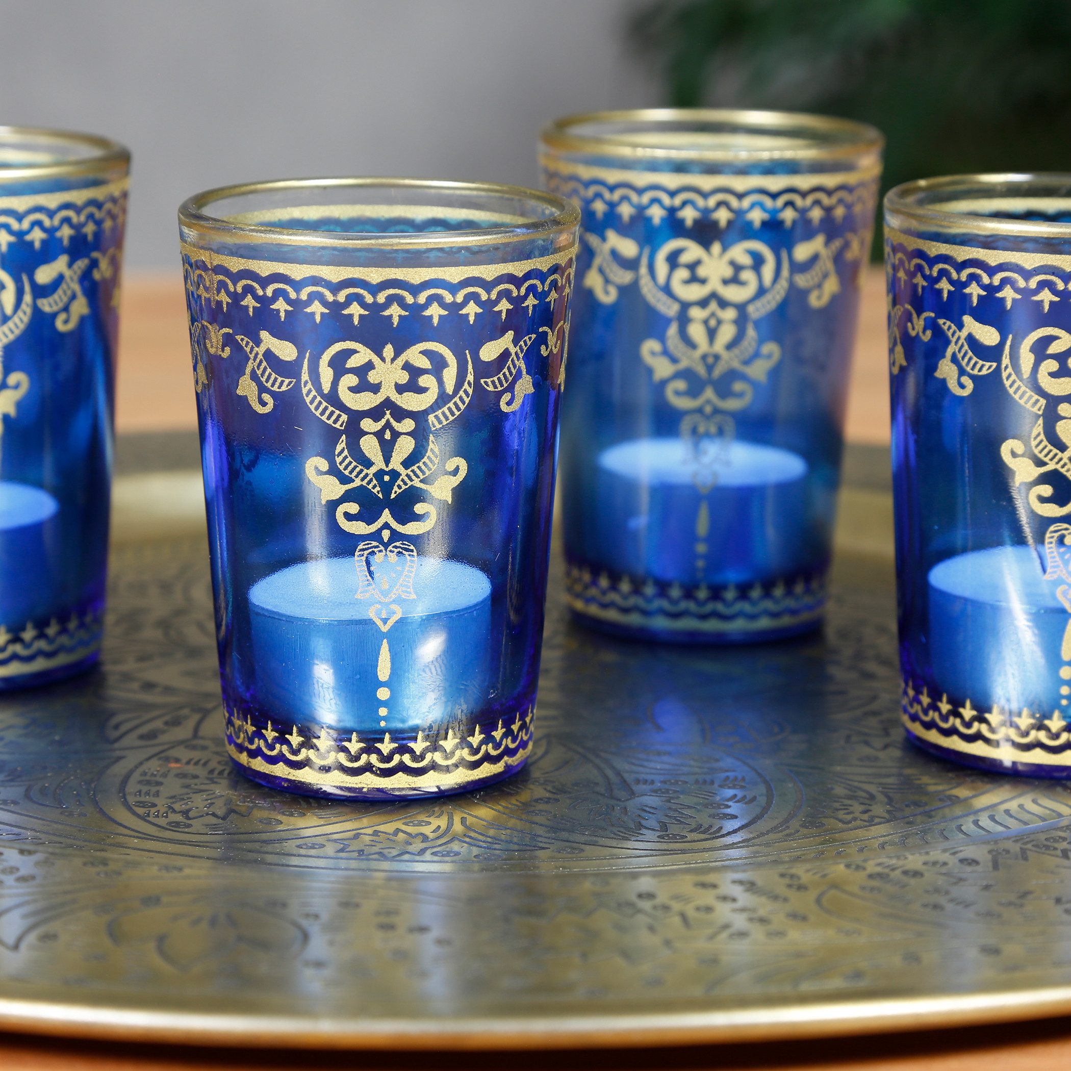 Casa Moro Teelichthalter Windlicht aus Glas Blau Gold 6er Set Deko Tisch Ramadan (bunte Tischdeko Geschenk-Idee), einzigartige Ramadan Glas-Teelichthalter TGL1004