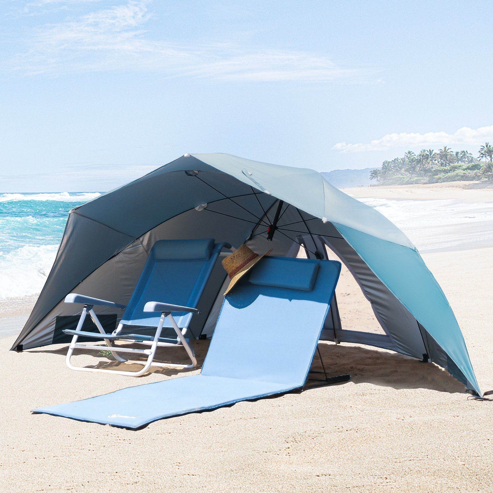 HOMECALL Strandmuschel mit umbrella system UV-resistentes 50+ Khaki, Umfunktionieren zum Sonnenschirm Strandschirm, für 2-3 Personen