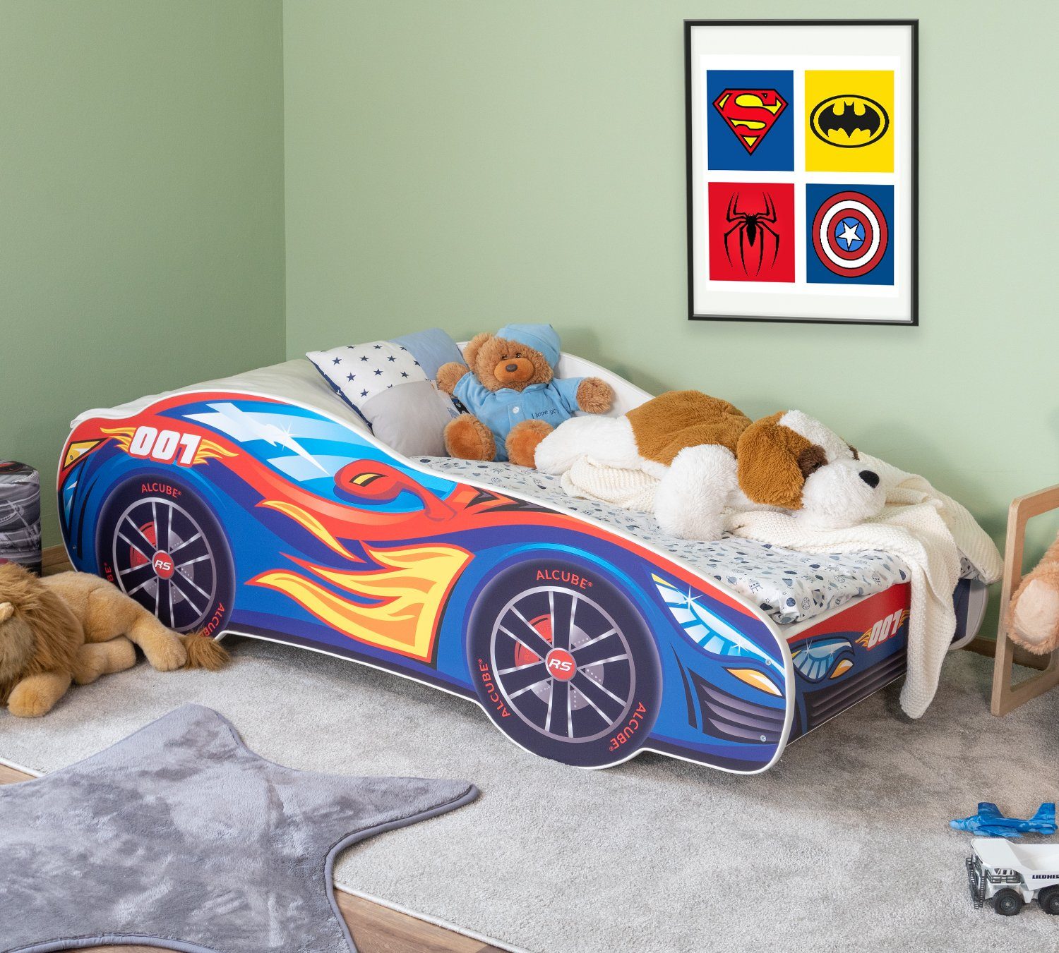 Alcube Autobett Racer (Komplett-Set Bett mit Matratze und Lattenrost),  Kinderbett 80x160 cm PKW Burning Flame, Rennwagen-Design Auto bett 160x80 cm