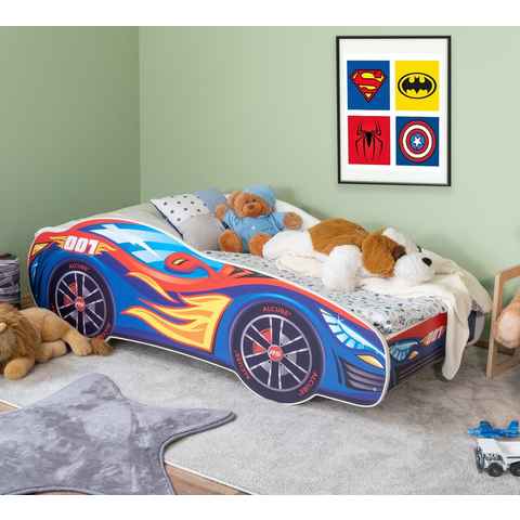 Alcube Autobett Racer (Komplett-Set Bett mit Matratze und Lattenrost), Kinderbett 80x160 cm PKW Burning Flame,Rennwagen Autobett 80x160 cm