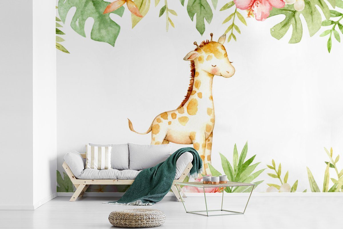 Wallpaper MuchoWow Giraffe Matt, Kinderzimmer, - Blumen Dschungel Wohnzimmer, - Schlafzimmer, (6 - St), Aquarell, Vinyl Tapete Fototapete für bedruckt,