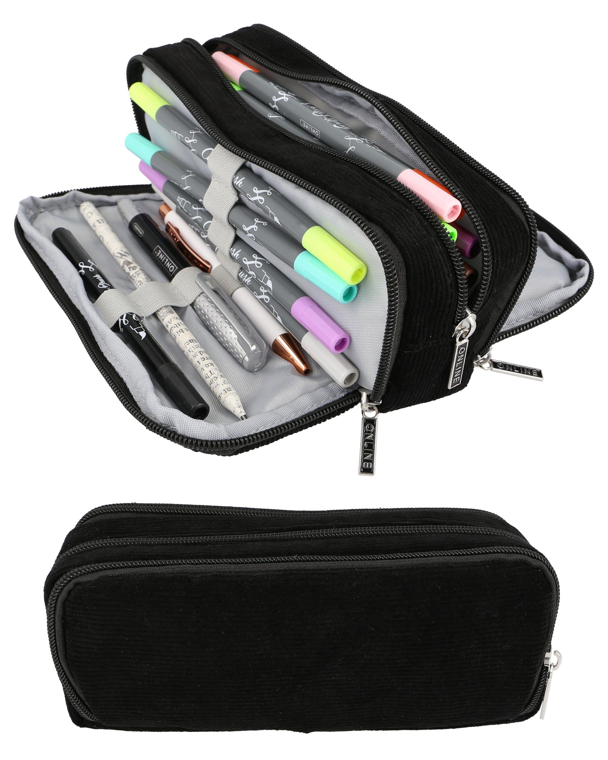 Online Pen Federmäppchen Schlampermäppchen Triple, (Schwarze Federtasche für Jungen und Mädchen), 3 große Fächer, Stifteetui für die Schule, Uni