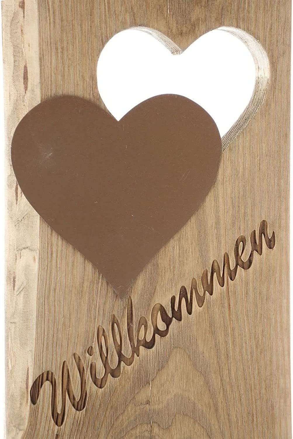 Dekoleidenschaft Dekosäule "Willkommen" aus Holz 80 cm hoch mit 2 Herzen aus Metall in Rostoptik, Welcome Holzdeko, Eingangsbereich, Eingangsdeko, Säule – Bild 5 von 5