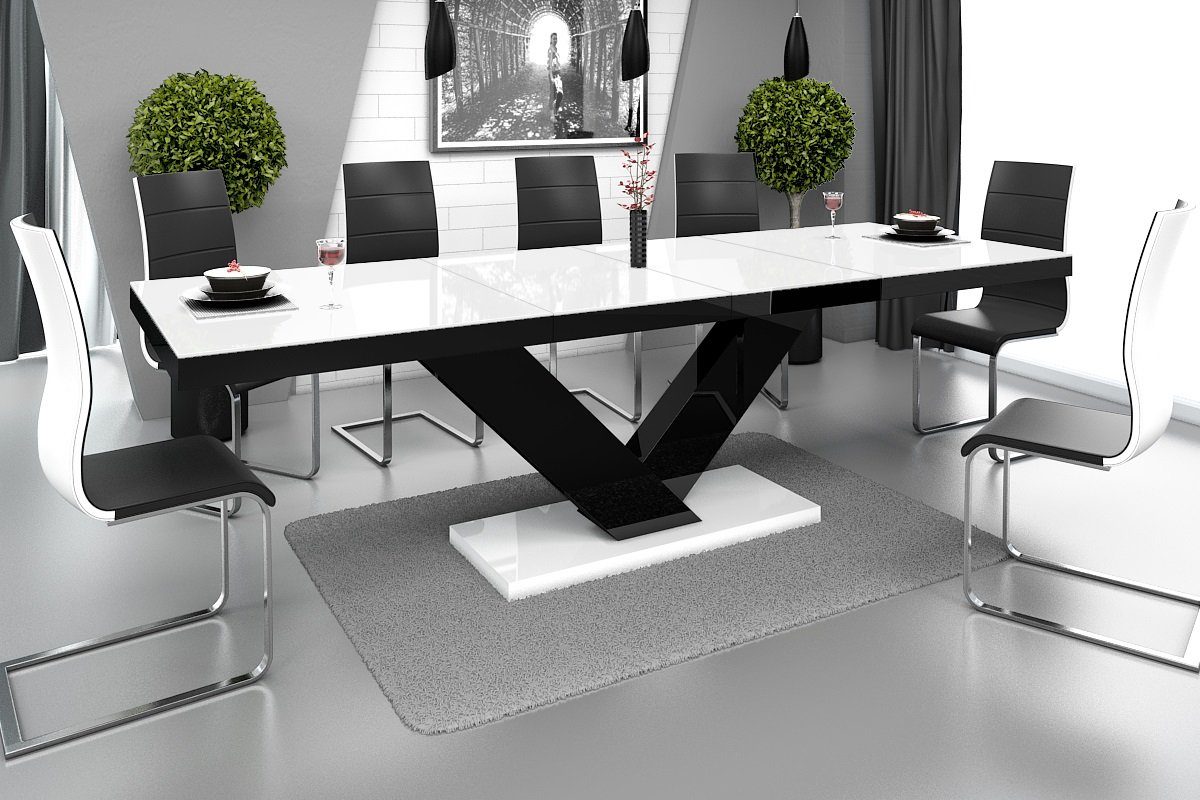 Hochglanz / 256 Schwarz ausziehbar Hochglanz bis Esstisch 160 Hochglanz designimpex Weiß Design cm Schwarz Tisch Weiß / HE-999