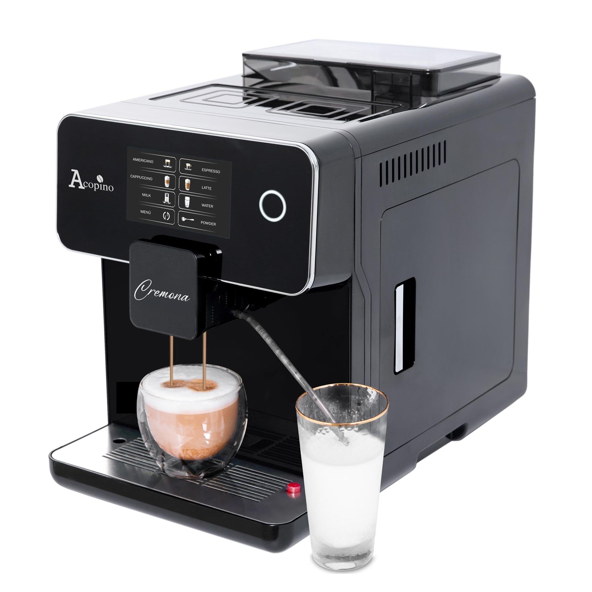 Acopino Kaffeevollautomat Acopino Cremona Schwarz LCD-Display, großes Kaffeevollautomat One Touch, One 5-Zoll Milchsystem mit Reinigung leichte Bedienung, Touch