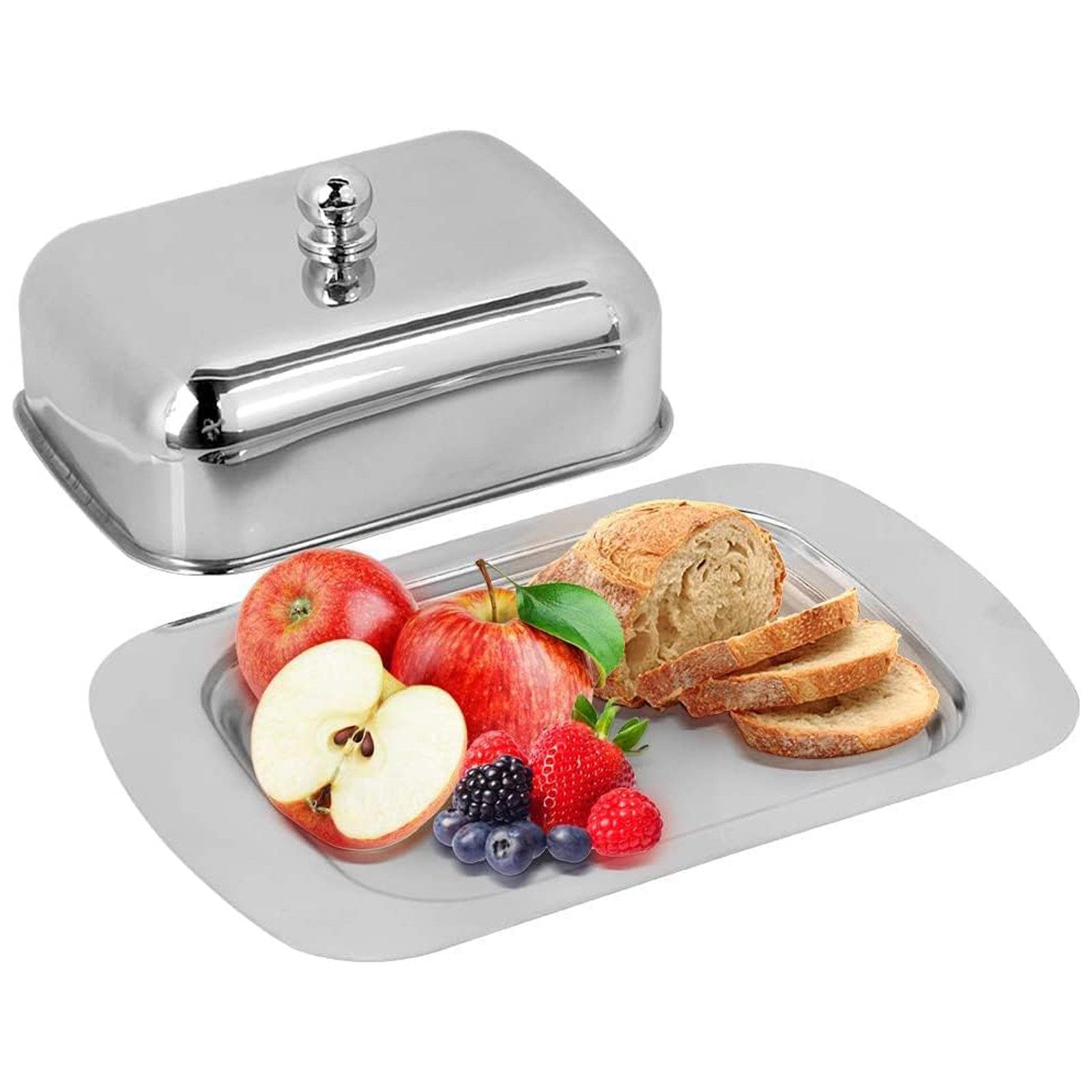 HAUSS SPOLE Butterdose Edelstahl Dessertschale Käsebrotbox mit Deckel Butterbehälter, Edelstahl, (Butterplatte Dessertteller 19 x 12.4 x 4.3 cm mit Griff, 1-tlg., spülmaschinenfest, mit Deckel, 250 g Butter, Lebensmittelbehälter), für Butter Kuchen Desserts Brot und kleinen Früchten Käse usw