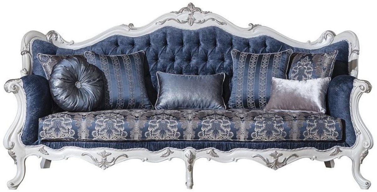 Casa Padrino und - Barock dekorativen Muster Wohnzimmer Luxus cm Silber Möbel / Sofa 240 Prunkvolle Blau Barock x x 120 90 / H. mit Kissen Weiß Sofa