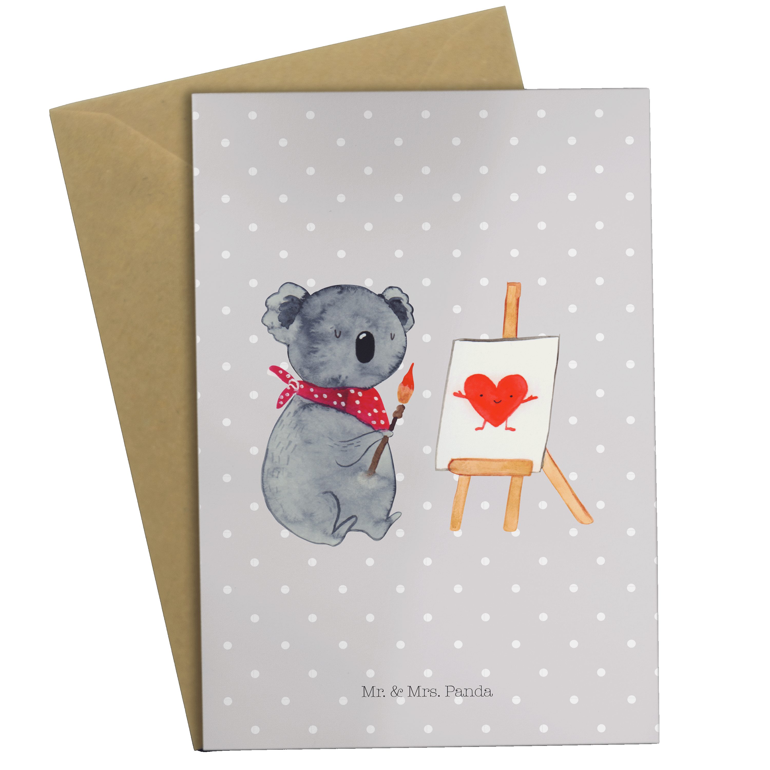 Mr. & Mrs. Panda Grußkarte Koala Künstler - Grau Pastell - Geschenk, Klappkarte, Hochzeitskarte
