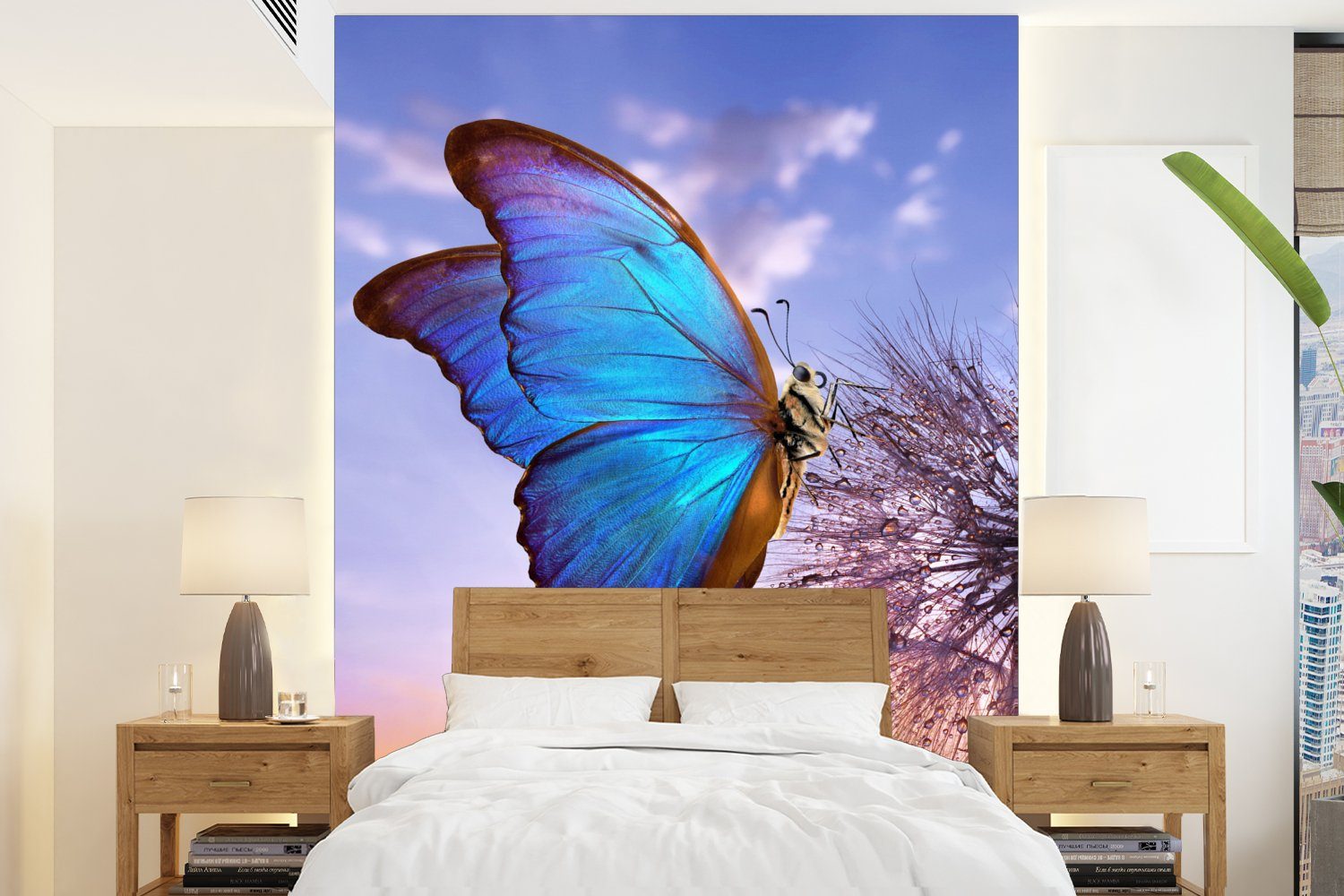 MuchoWow Fototapete Schmetterling - Sonnenuntergang - Löwenzahn - Blau, Matt, bedruckt, (4 St), Montagefertig Vinyl Tapete für Wohnzimmer, Wandtapete