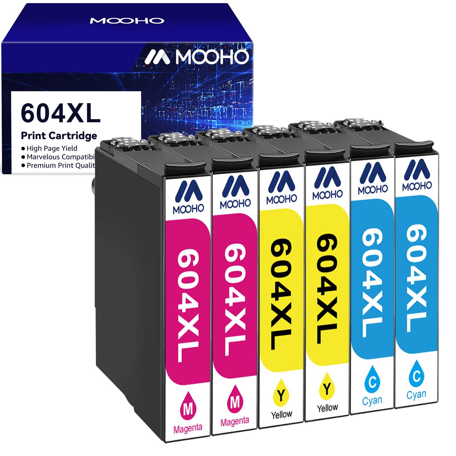 MOOHO 604XL für Epson 604 XL Multipack XP-3200 XP-3205 XP-4200 XP-4250 Tintenpatrone (WorkForce WF-2910DWF WF-2930DWF WF-2935DWF WF-2950DWF) 2x Cyan, 2x Magenta, 2x Gelb