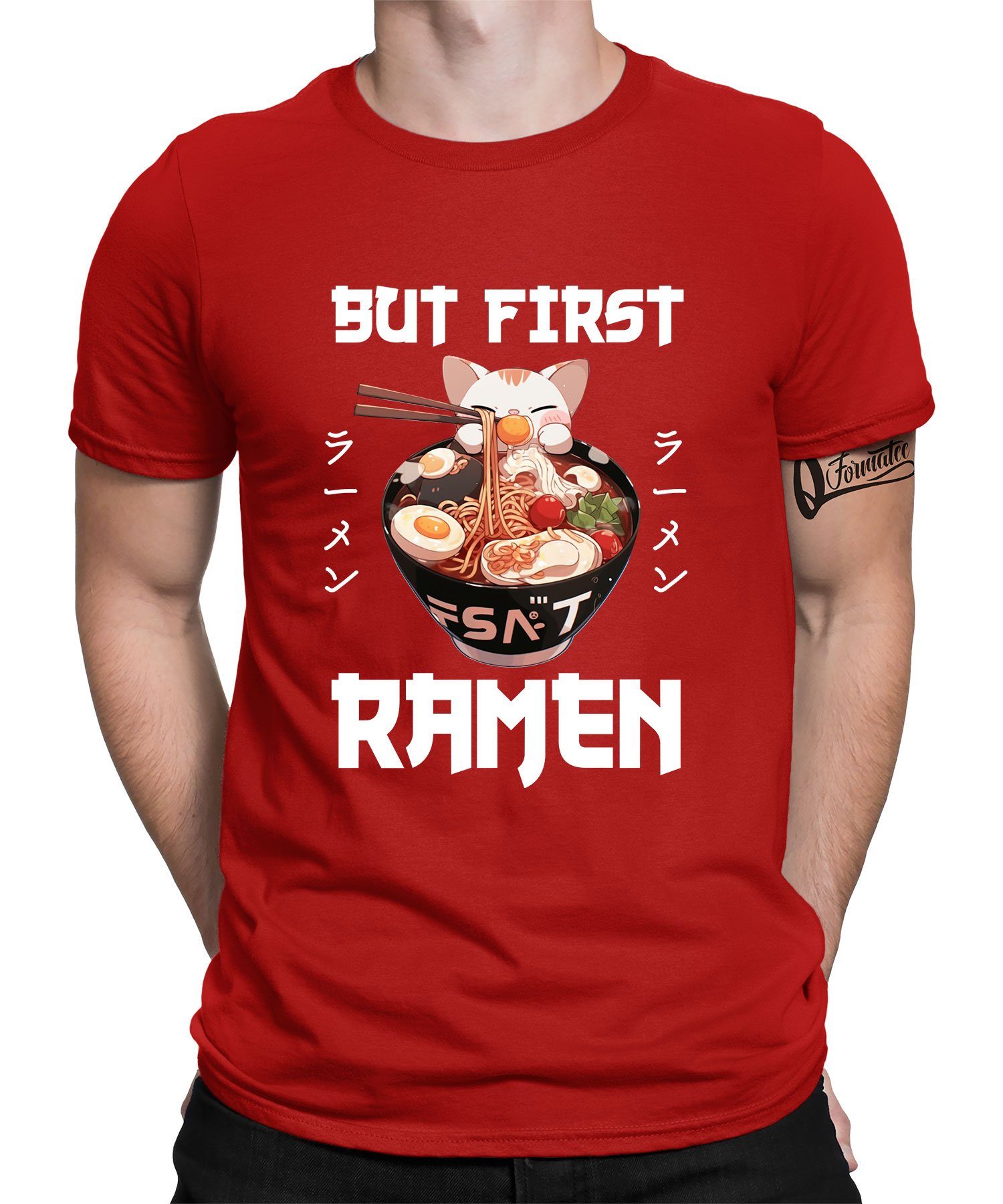Quattro Formatee Kurzarmshirt Japanische Anime Herren T-Shirt Nudeln Rot (1-tlg) Ramen Katze Japan First