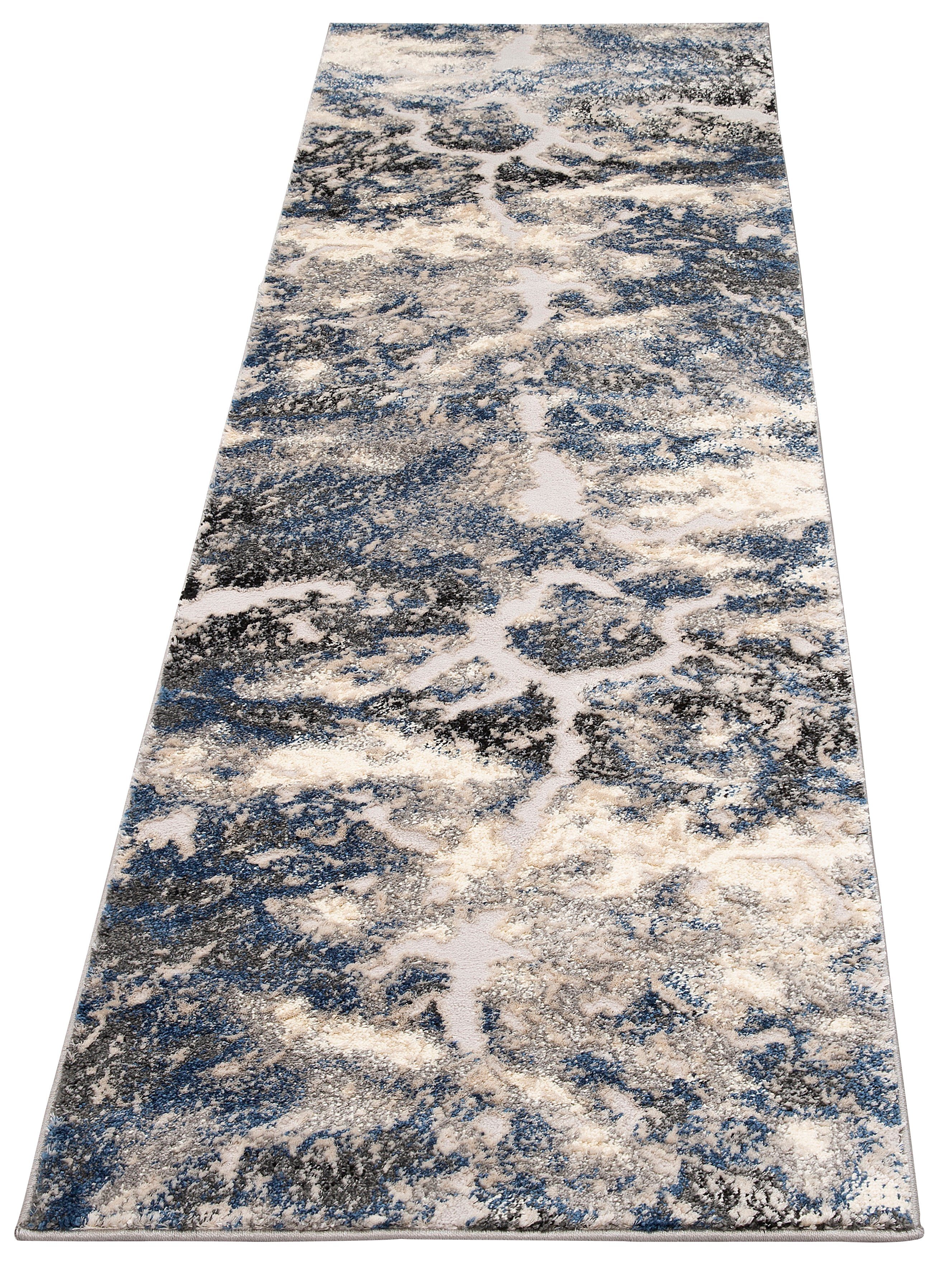Läufer Dario, my home, rechteckig, Höhe: 12 mm, angenehme Haptik, modernes Marmor-Design, flacher Wende-Teppich blau