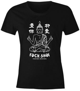 MoonWorks Print-Shirt Damen T-Shirt Buddha Motiv Fuck Shui Schriftzug Mittelfinger japanische Schriftzeichen Fun-Shirt Fashion Streetstyle Slim Fit Neverless® mit Print