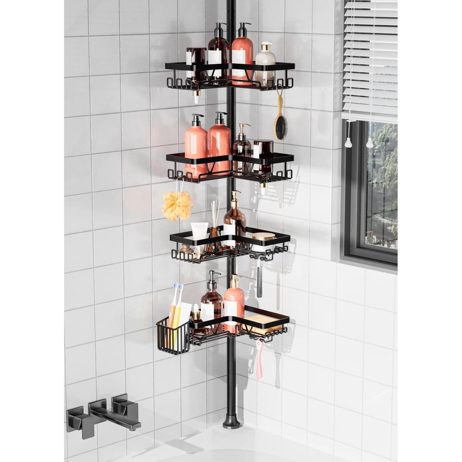 LuxusKollektion Teleskopregal Teleskop Duschablage 4 Körbe Edelstahl Schwarz, 1-tlg.