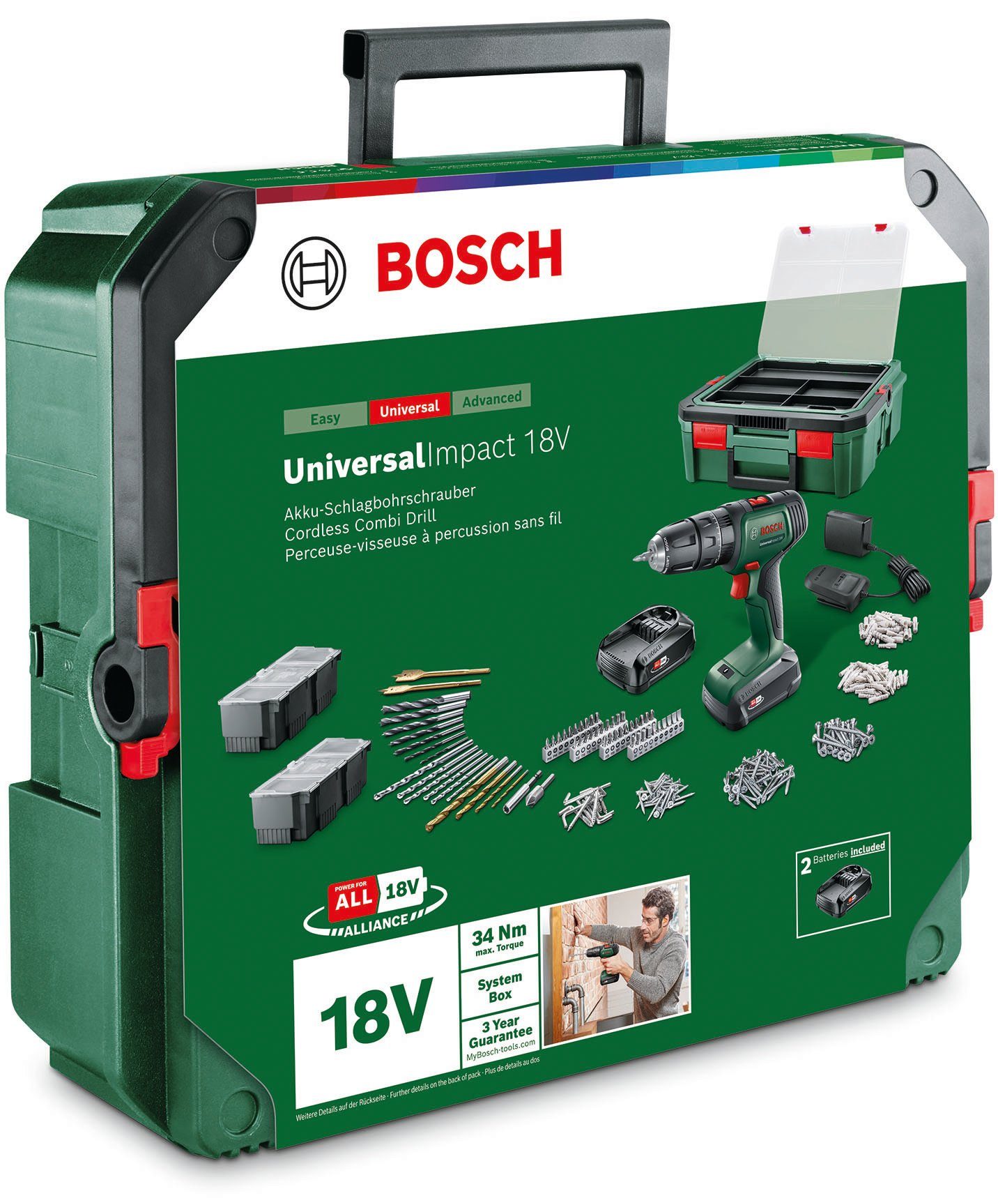 Garden Ladegerät Akkus Bosch mit 18V+ Akku-Schlagbohrschrauber und 2 & Systembox, (Set), Home UniversalImpact