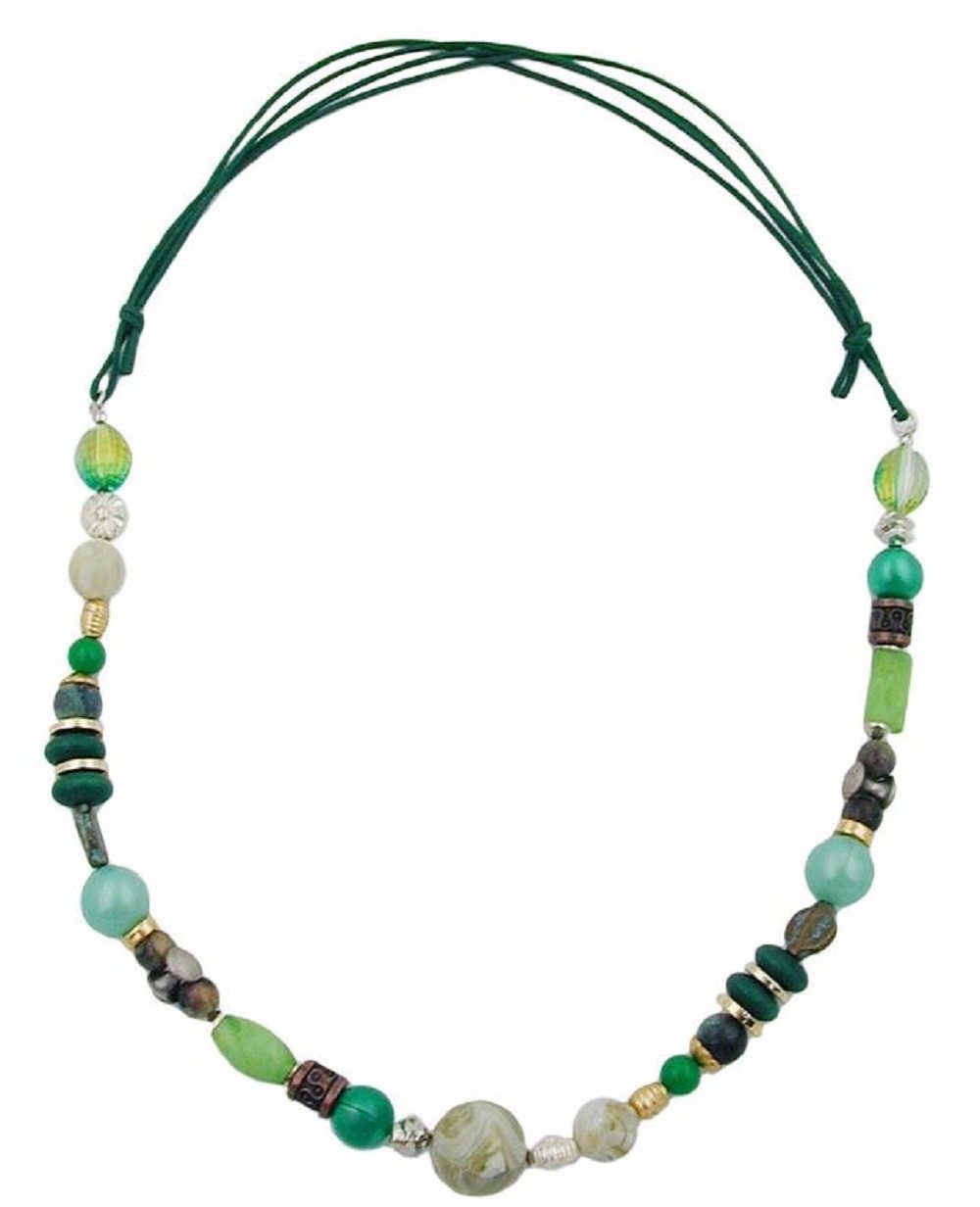 Collier Kette Holz- und Kunststoffperlen in grün-Tönen 85 cm