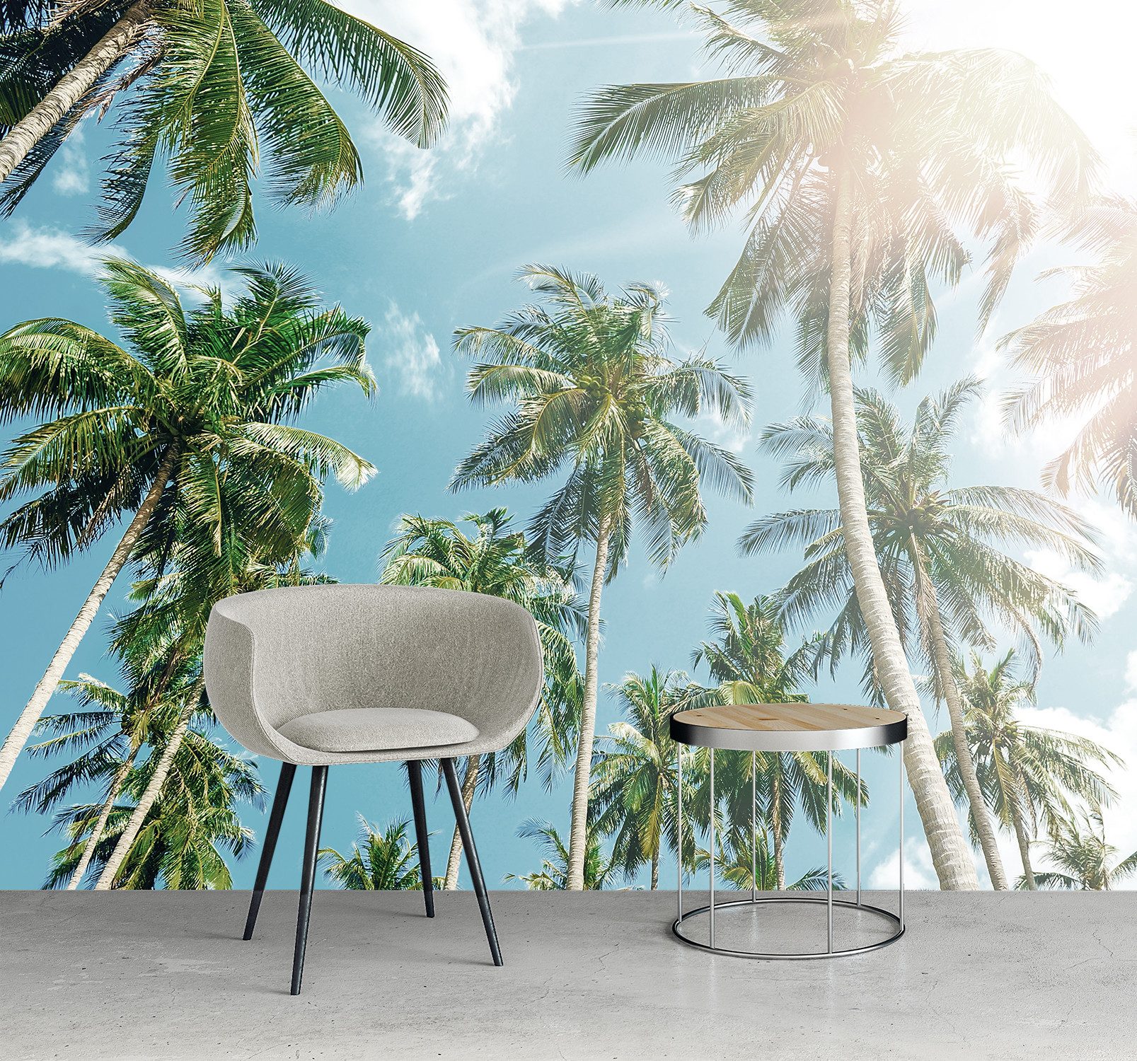 queence Fototapete Palmen mit Himmel, glatt, Motiv, bedruckt, realistisch, (4 St), Wandpaneele, selbstklebend, Tapete, Sticker, Wanddeko, XXL-Fotomotiv