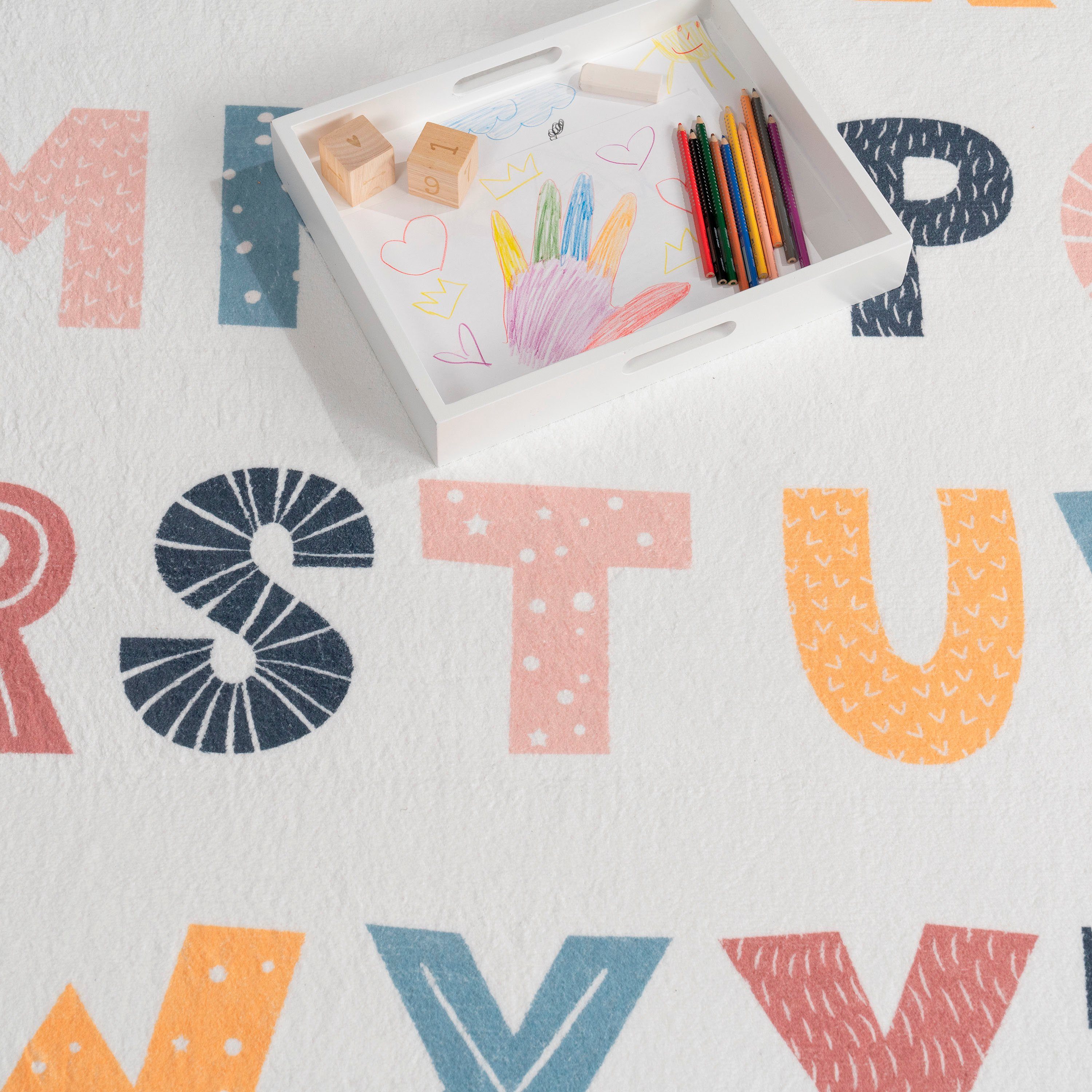 Paco Home Kinderteppich Eliz 394, rechteckig, Höhe: 12 mm, Kurzflor, Spielteppich, Motiv Alphabet & Regenbogen