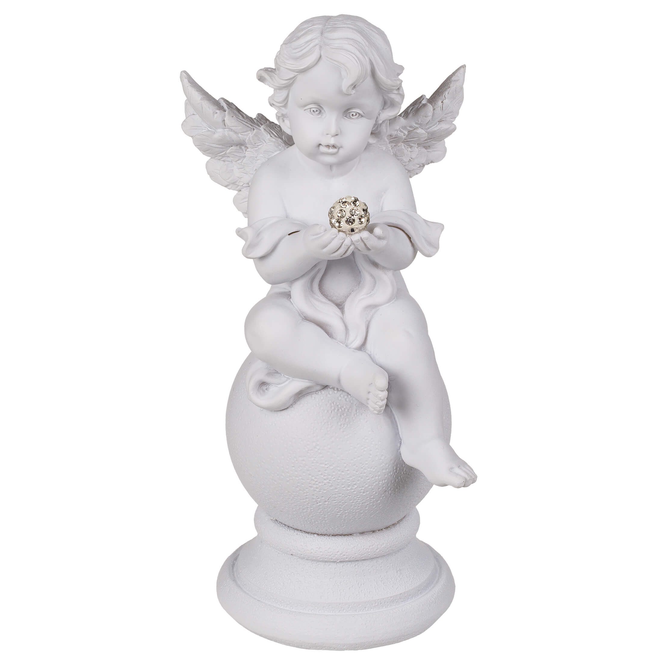 Out of the Blue Engelfigur Engelsfigur auf Kugel weißer Polyresin Engel sitzend Kristalldeko (1 St), Kristalldekoration, Perfekt zu jedem Anlass, Dekofigur Engel