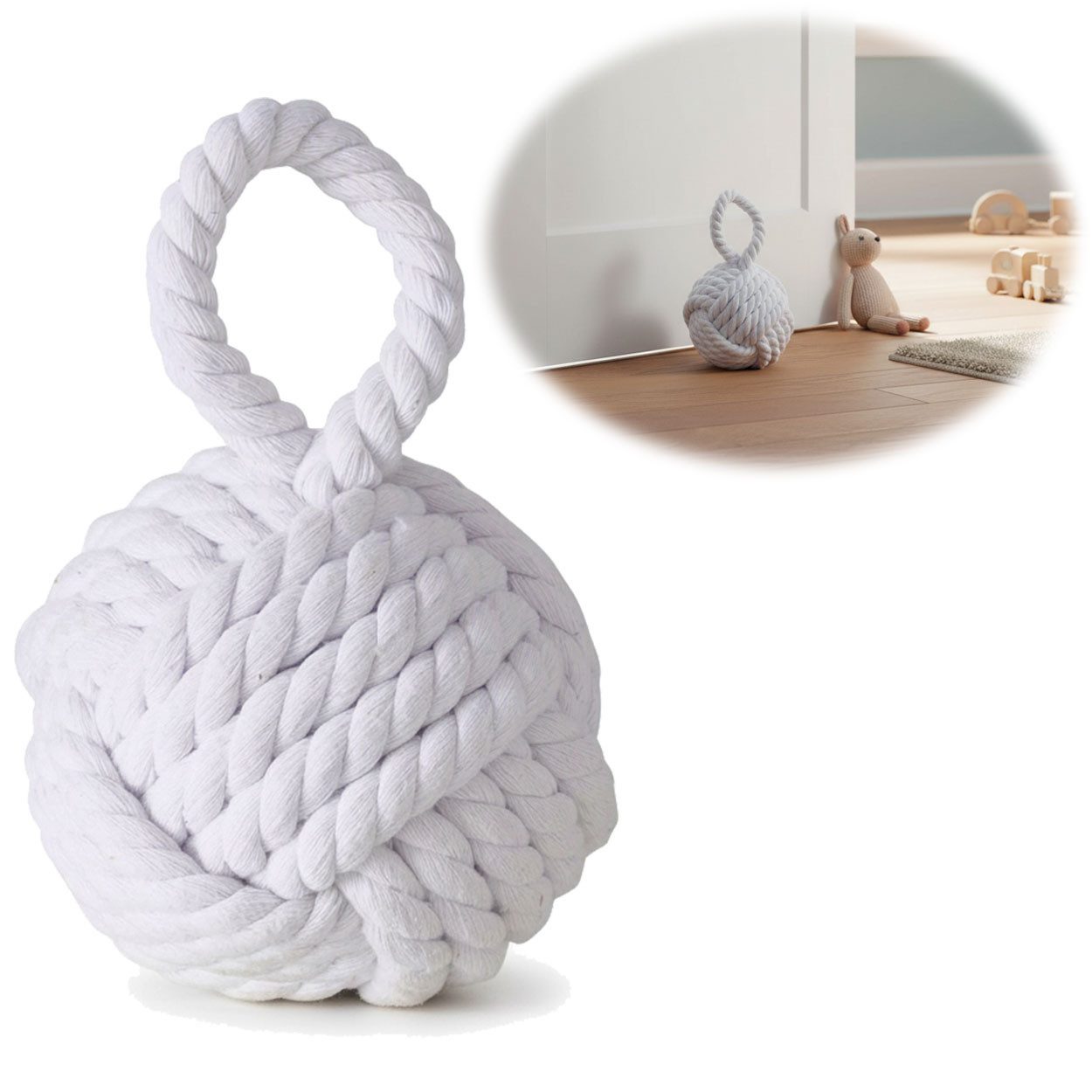 LS-LebenStil Bodentürstopper Boden Türstopper Malmö 23cm Weiß 1,3kg Jute Knoten Tragegriff Türpuffe (Handgearbeitet Bodenstopper Türpuffer Türhalter Türsack Türkeil Tür Stopper Sack Fensterstopper Boden Stopper Buchstütze, 1 St)