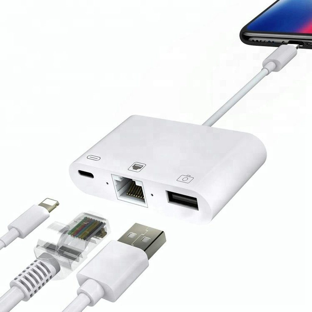 ENGELMANN EnM 0526, Lightning Netzwerk-Adapter Lightning zu Ethernet, USB, Lightning, 3in1