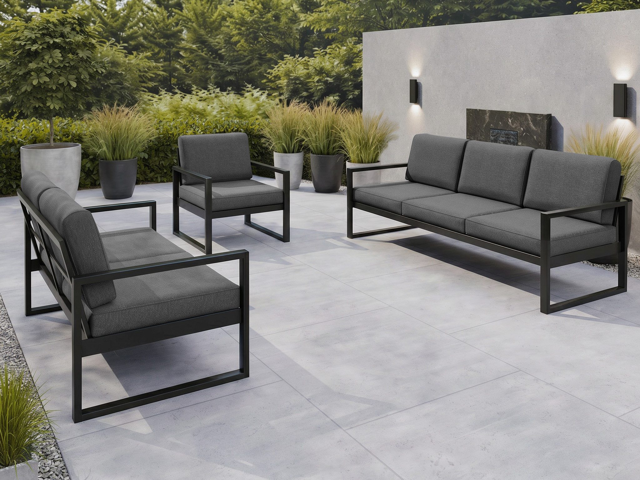 Beautysofa Gartenlounge-Set STELLA wasserabweisender Stoff, (pulverbeschichtetes Metallgestell, 2-Sitzer Sofa + 3-Sitzer Sofa + Sessel), in 3 trendigen Farben