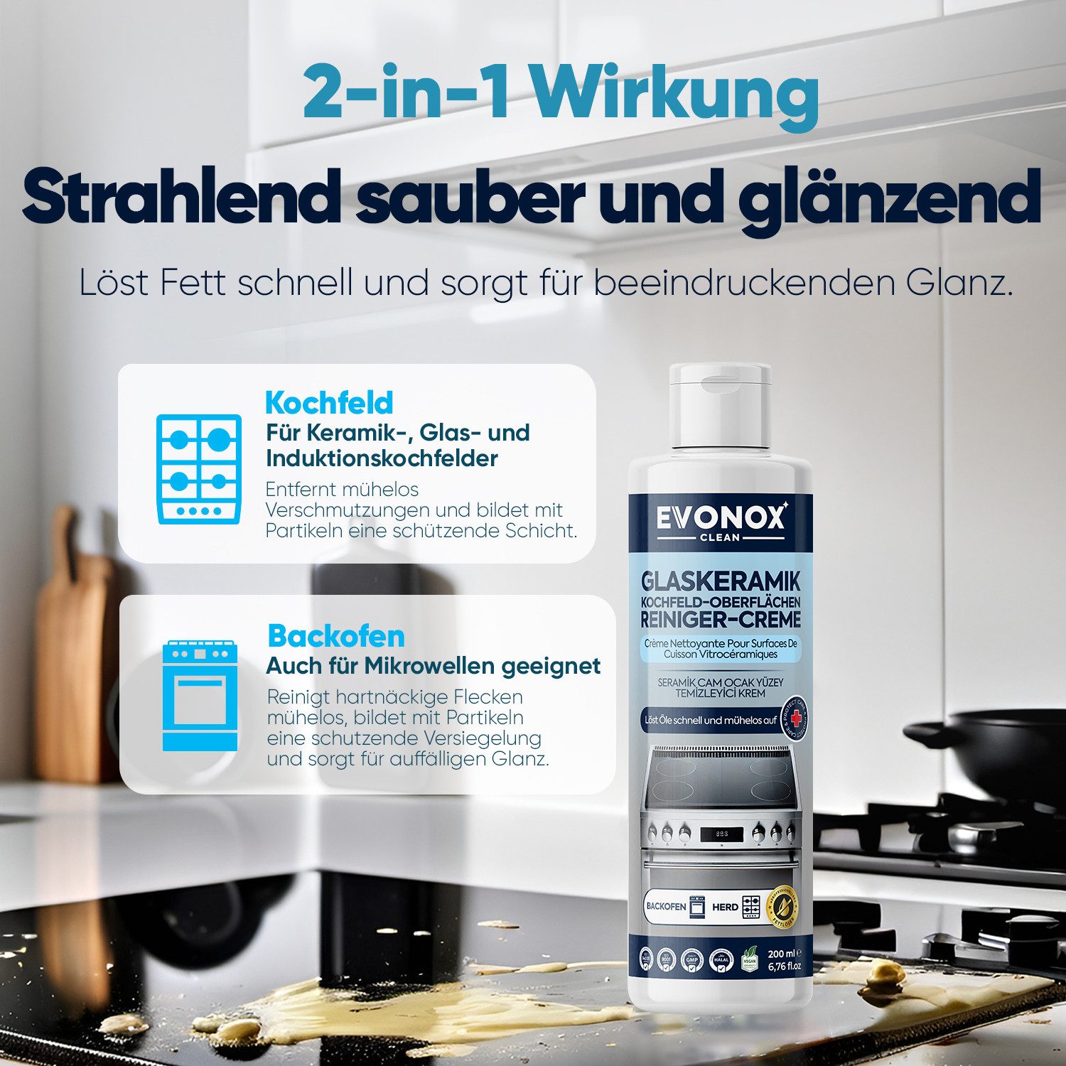 EVONOX Reinigungscreme–Kraftvoll und wirksam für Keramik und Glaskochfelder Backofenreiniger (Schneller Fettlöser und strahlender Glanz für Herde und Backöfen)