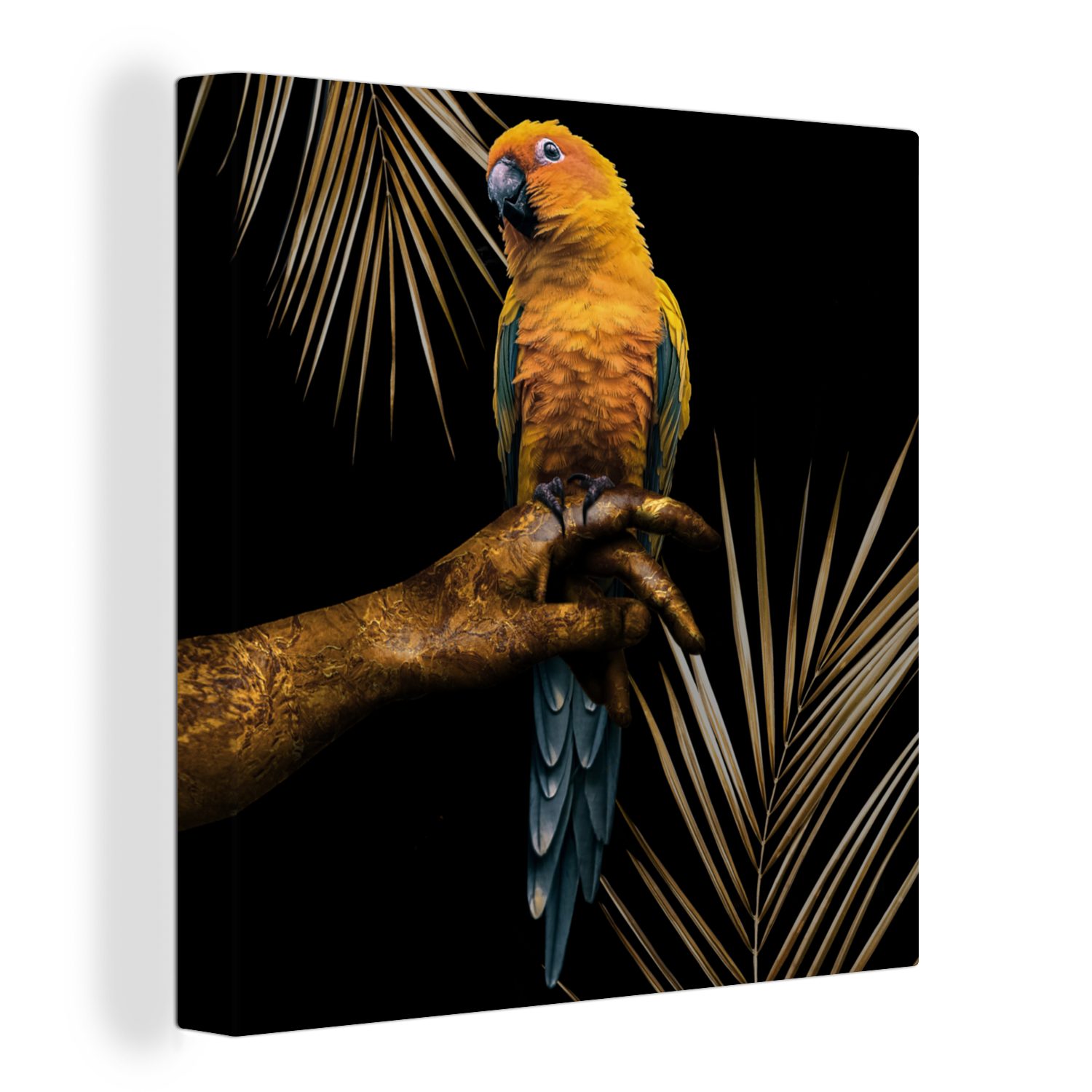 OneMillionCanvasses® Leinwandbild Vogel - Papagei - Hand - Gold, (1 St), Leinwand Bilder für Wohnzimmer Schlafzimmer