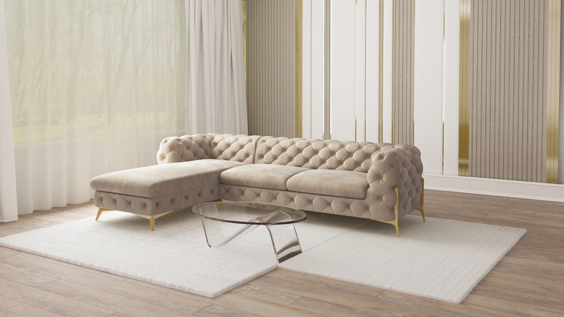 S-Style Меблі Ecksofa mit Ottomane Chesterfield Ashley mit Goldene Metall Füßen, Ottomane links oder rechts bestellbar, mit Wellenfederung