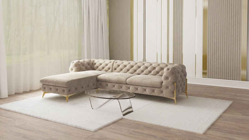 S-Style Möbel Ecksofa mit Ottomane Chesterfield Ashley mit Goldene Metall Füßen, Ottomane links oder rechts bestellbar, mit Wellenfederung