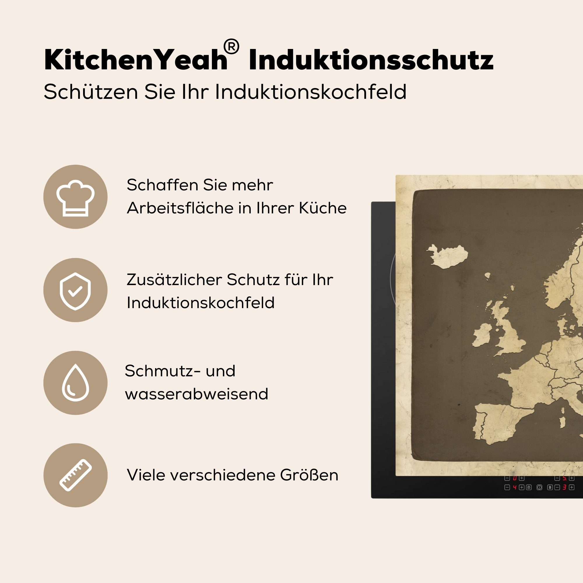 (1 Europa für Herdblende-/Abdeckplatte cm, tlg), Induktionskochfeld Karte MuchoWow 81x52 Vintage Zitat, Ceranfeldabdeckung küche, - - Schutz die Vinyl,