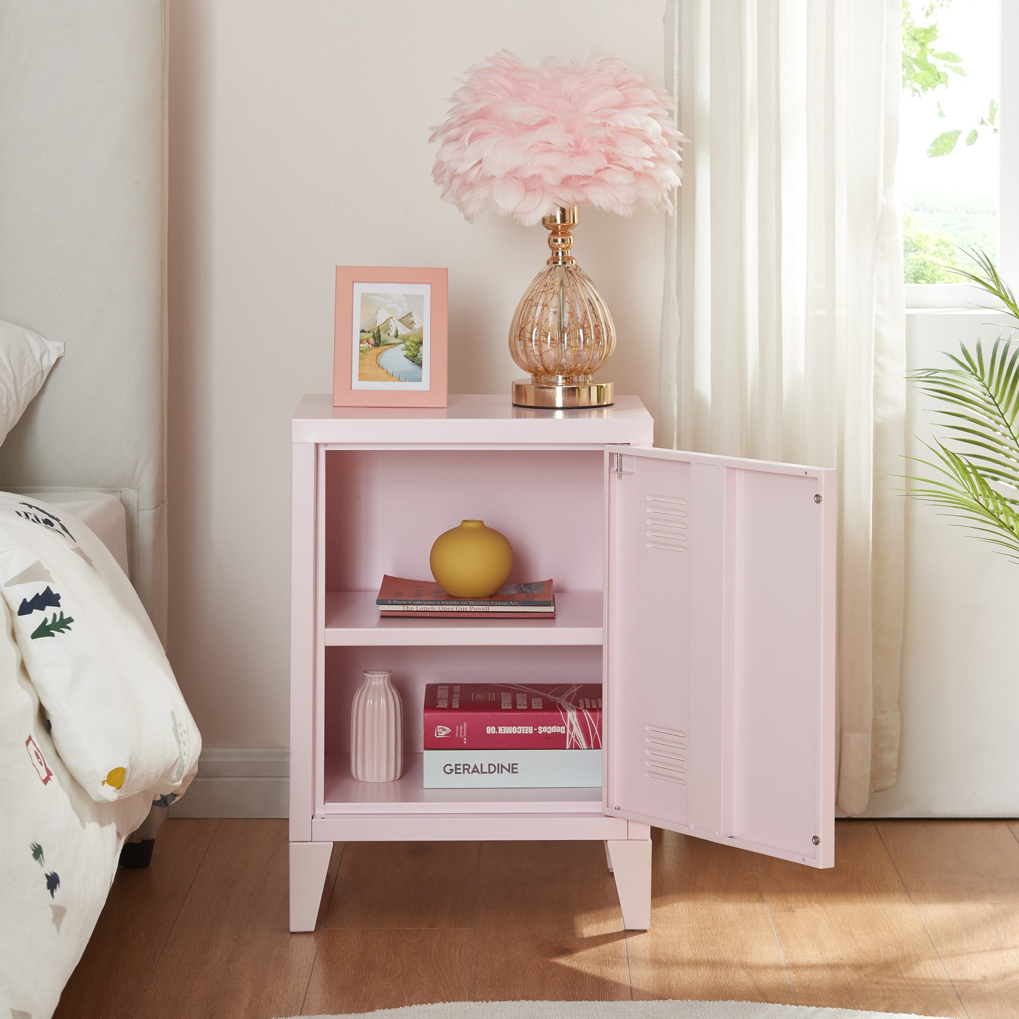 en.casa Nachtschrank (1-St) »Inari« mit Türgriff links Stahl 57 x 40 x 30 cm Rosa