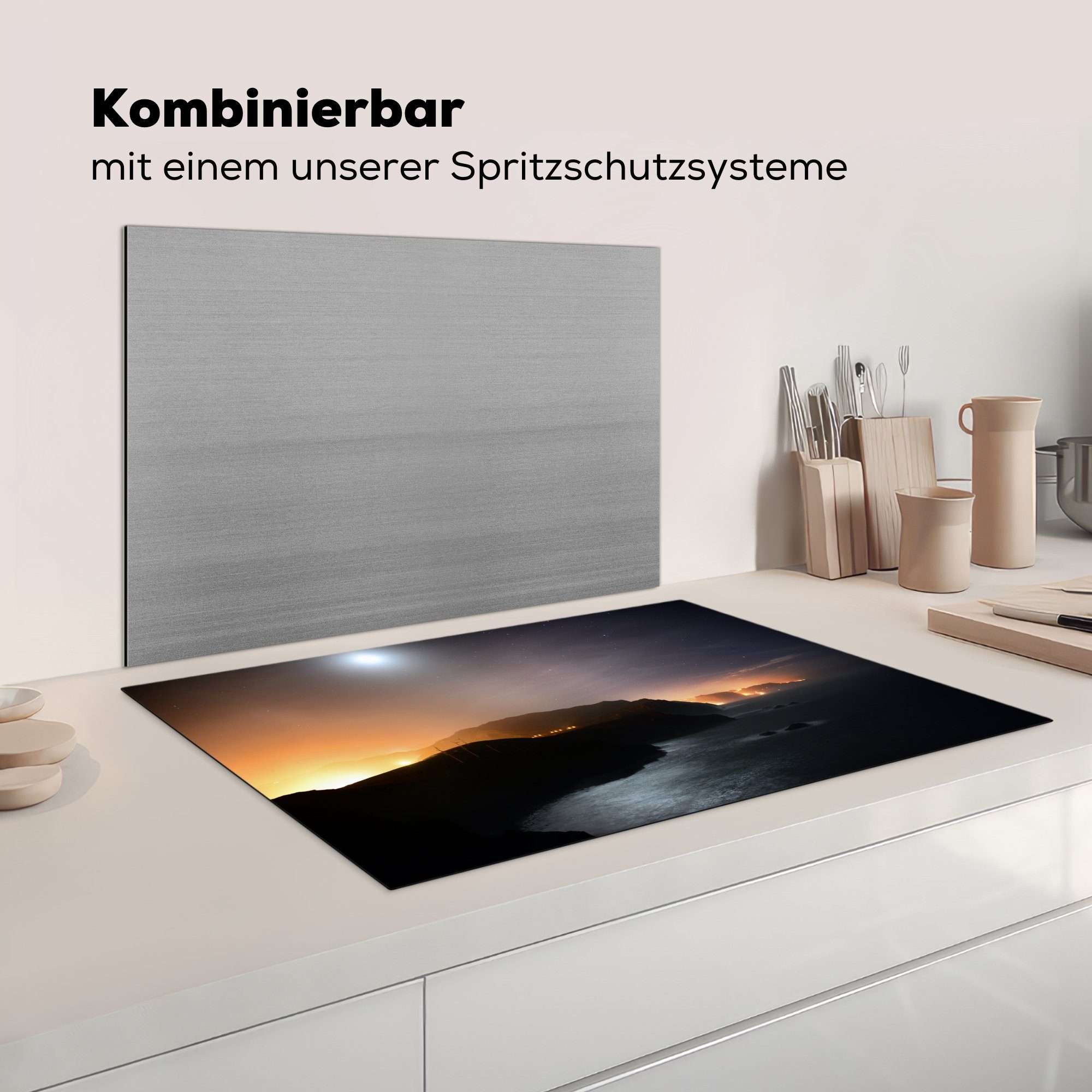 Madeiras der Die Lichter tlg), Ceranfeldabdeckung die leuchten für 81x52 küche, Schutz cm, entlang Vinyl, Stadt Herdblende-/Abdeckplatte MuchoWow am Nacht, Induktionskochfeld (1 Meer in