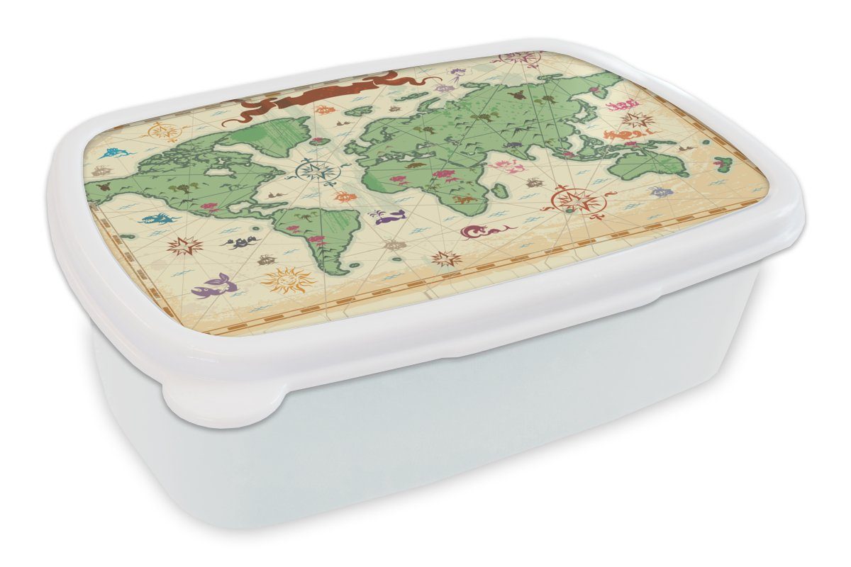 MuchoWow Lunchbox Weltkarte - Kinder - - für für Vintage - Brotbox (2-tlg), Kinder, Kunststoff, weiß - Piraten Mädchen Jungs und - Brotdose, Jungen Mädchen und Erwachsene, Kinder
